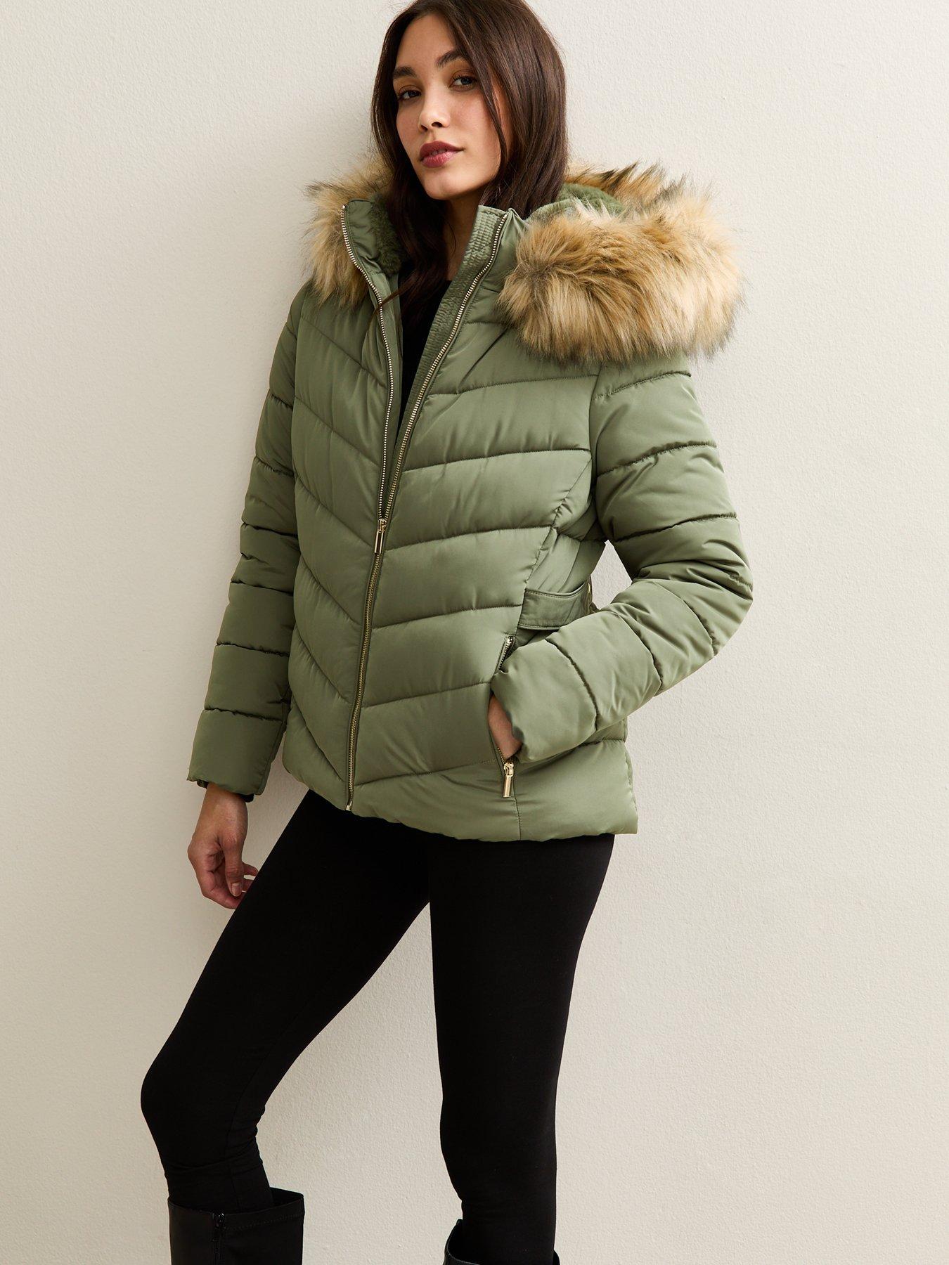 undefined Khaki Hooded Faux Fur Trim Padded Jacket