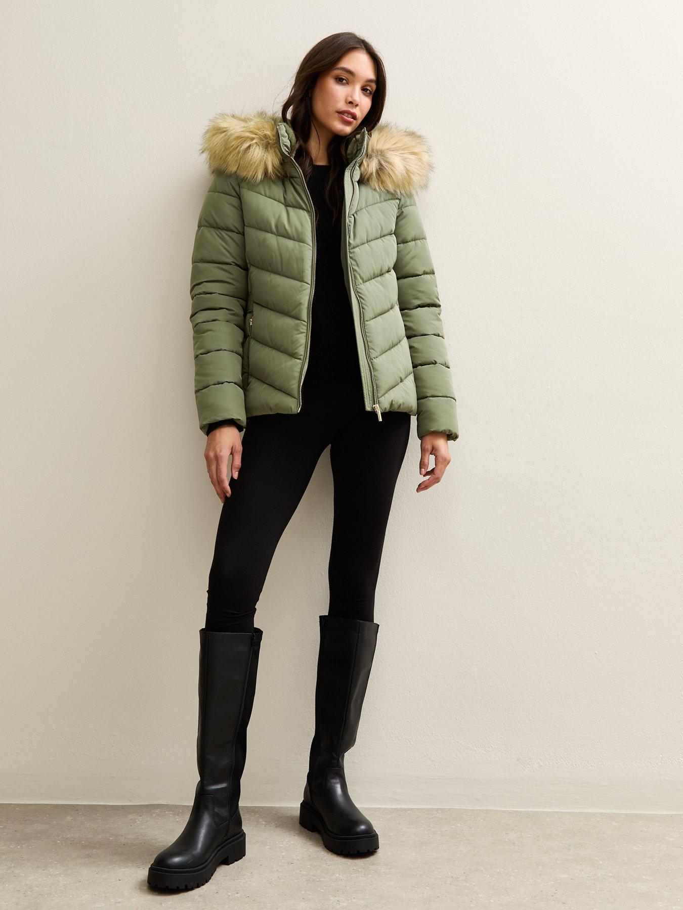 Image 3 of 5 of New Look Khaki Hooded Faux Fur Trim Padded Jacket