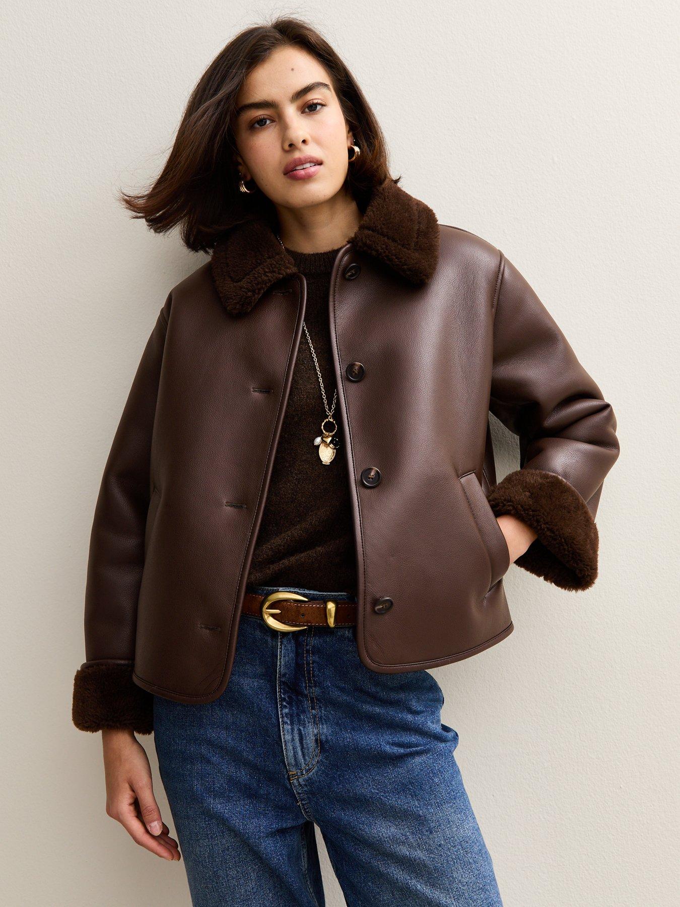 undefined Dark Brown Faux Leather Borg Trim Jacket