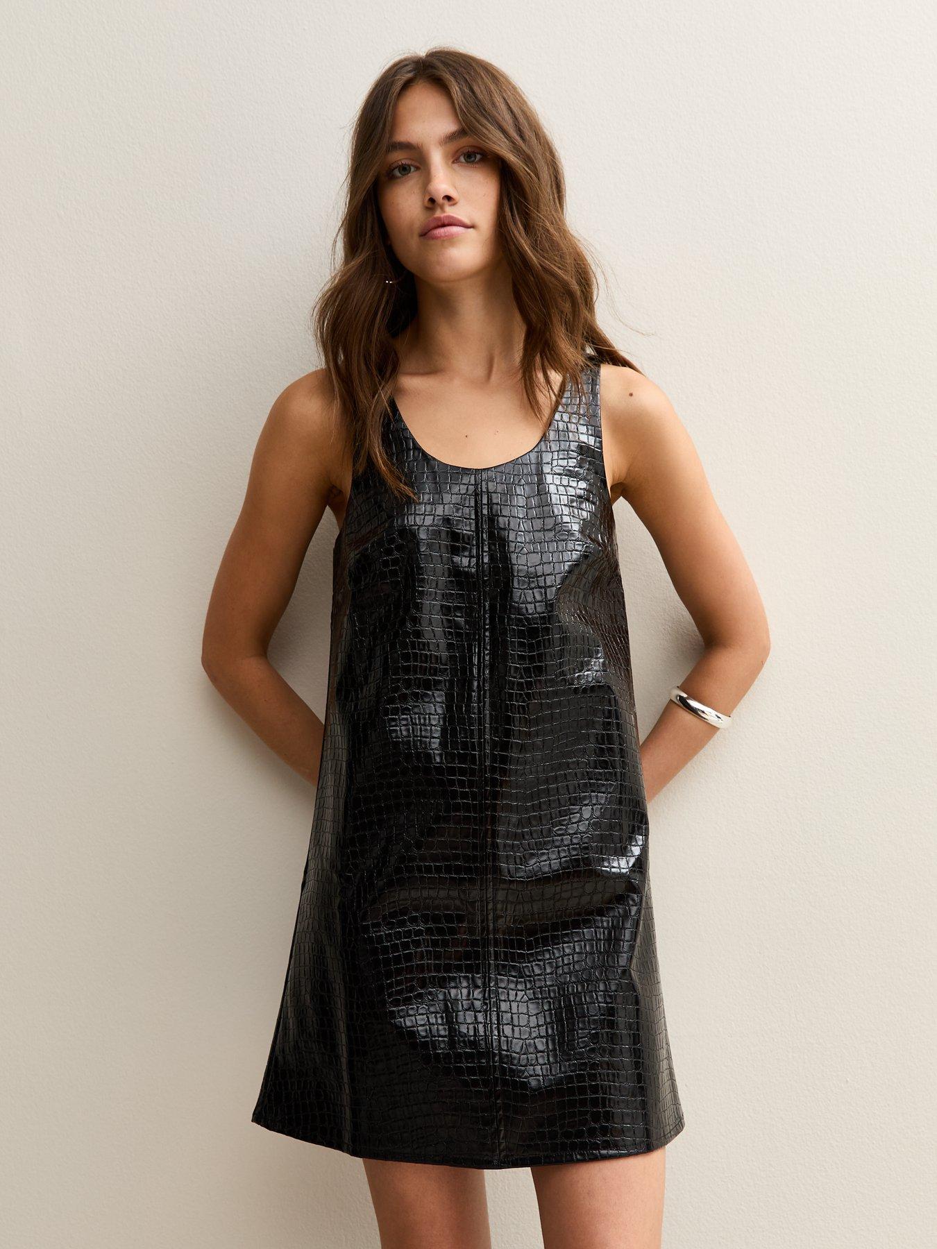 undefined Crocodile Effect Faux Leather Dress - Black