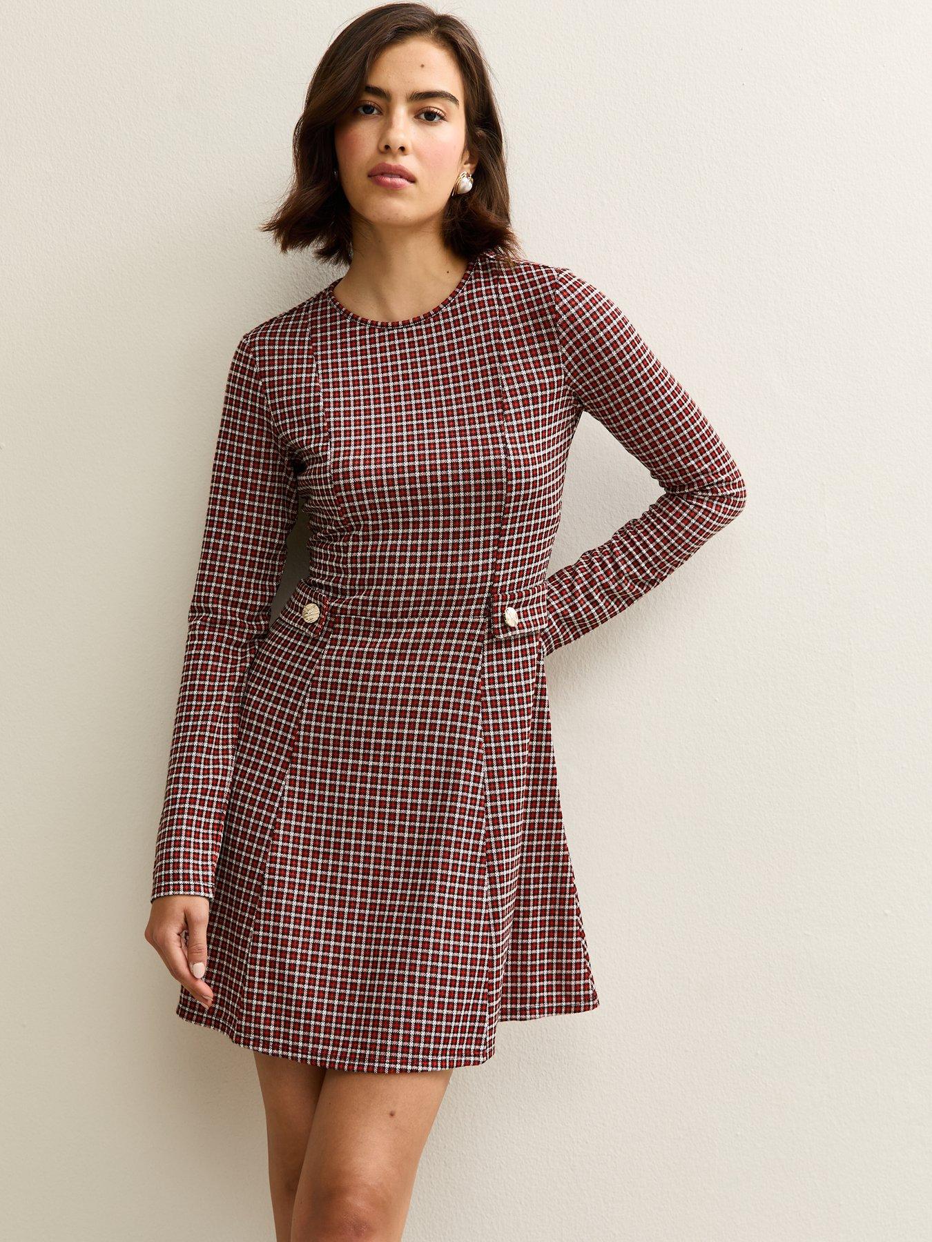 undefined Check Long Sleeve Mini Dress - Red