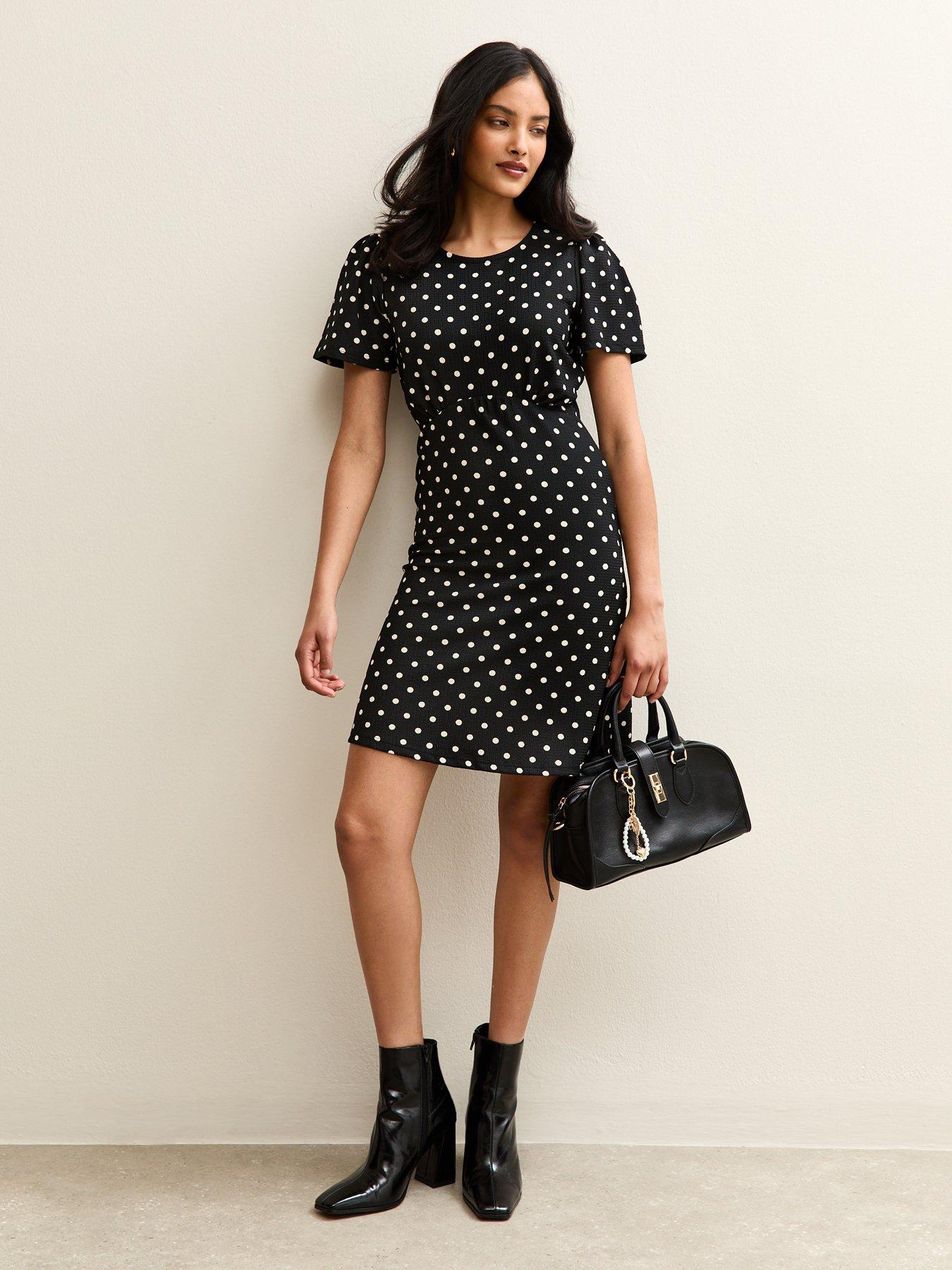  image of new-look-crinkled-jersey-spot-short-sleeve-mini-dress-black
