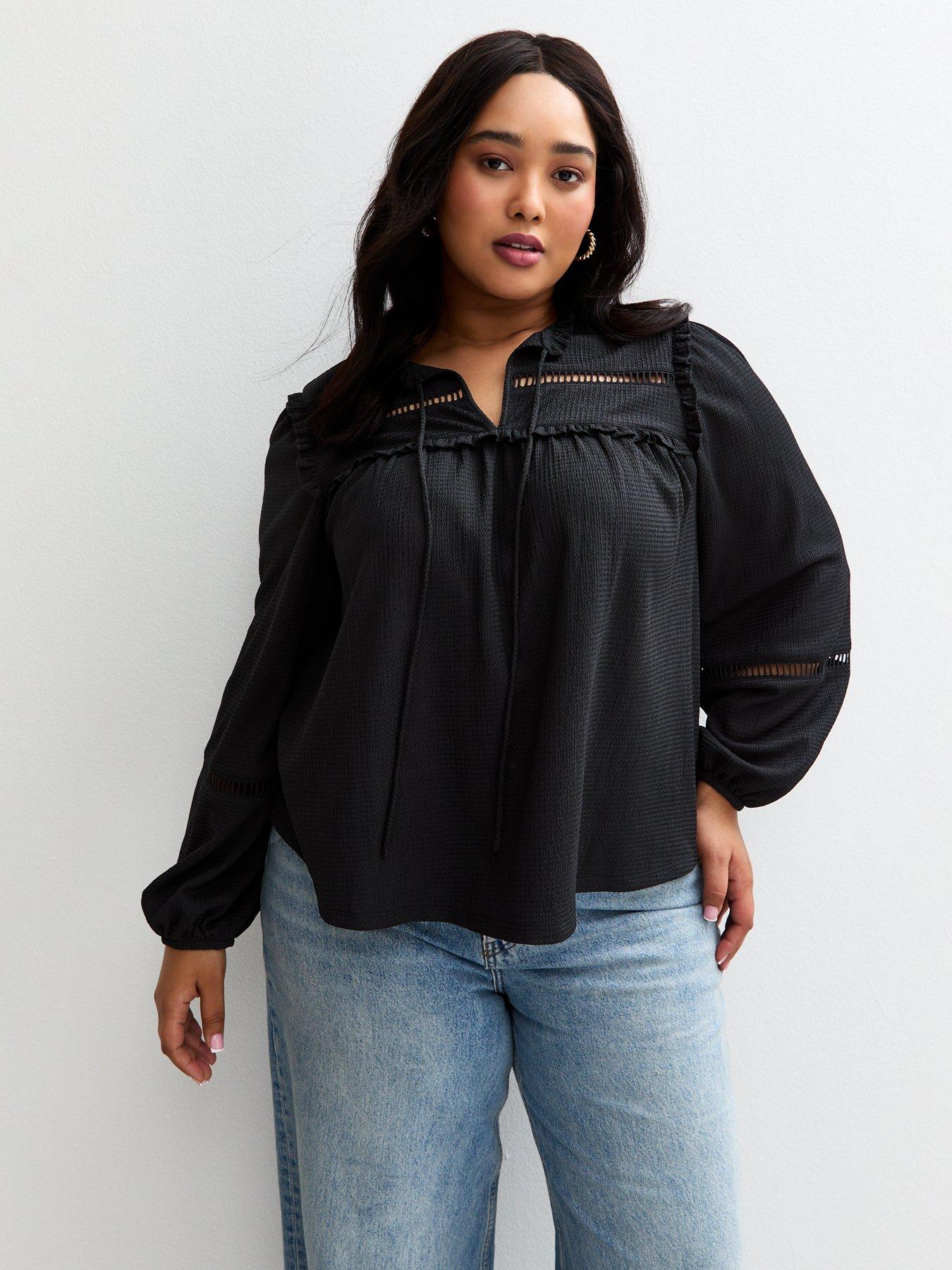 Image 4 of 5 of New Look Curves Ladder Stitch Trim Blouse - Black