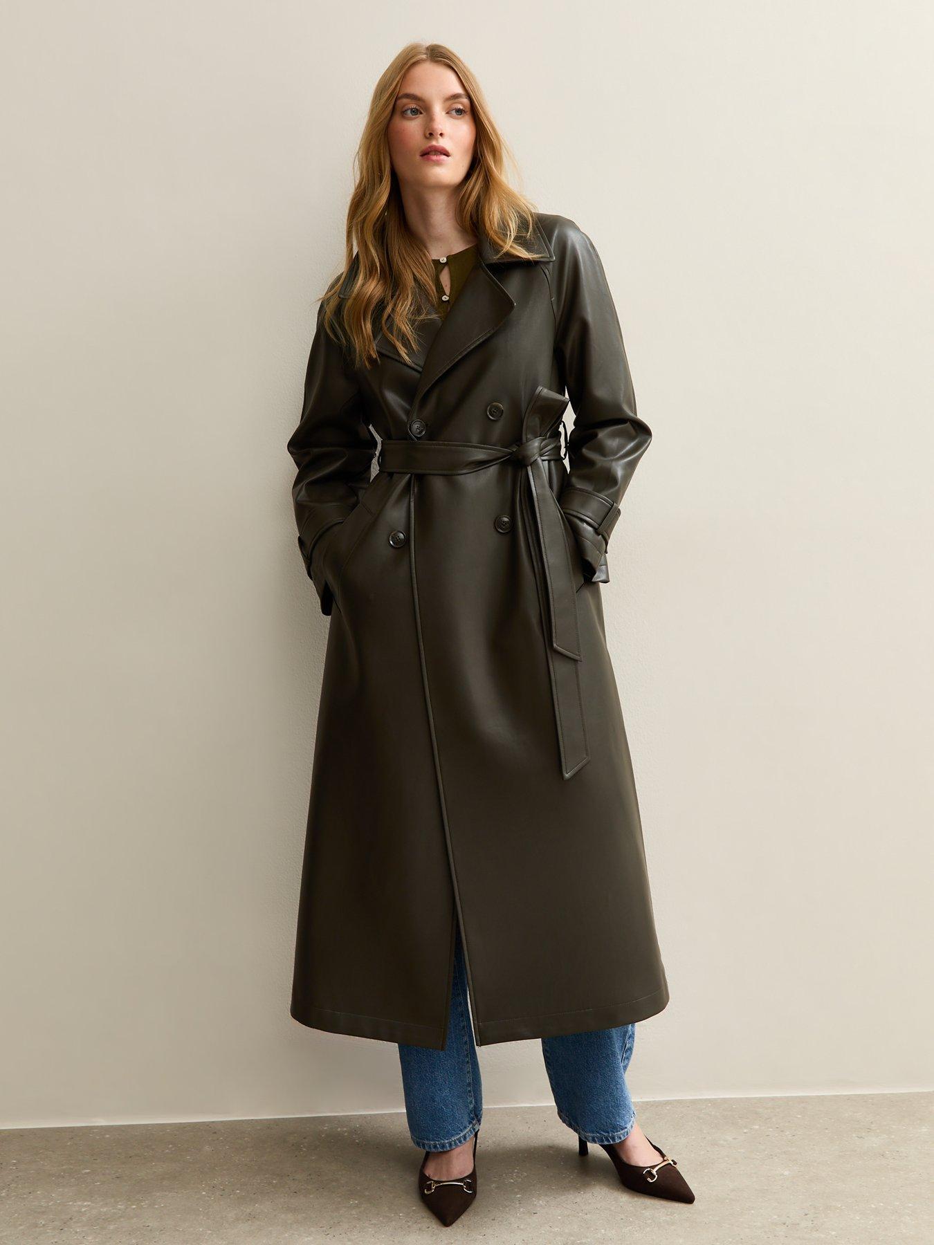 undefined Dark Khaki Faux Leather Trench Coat