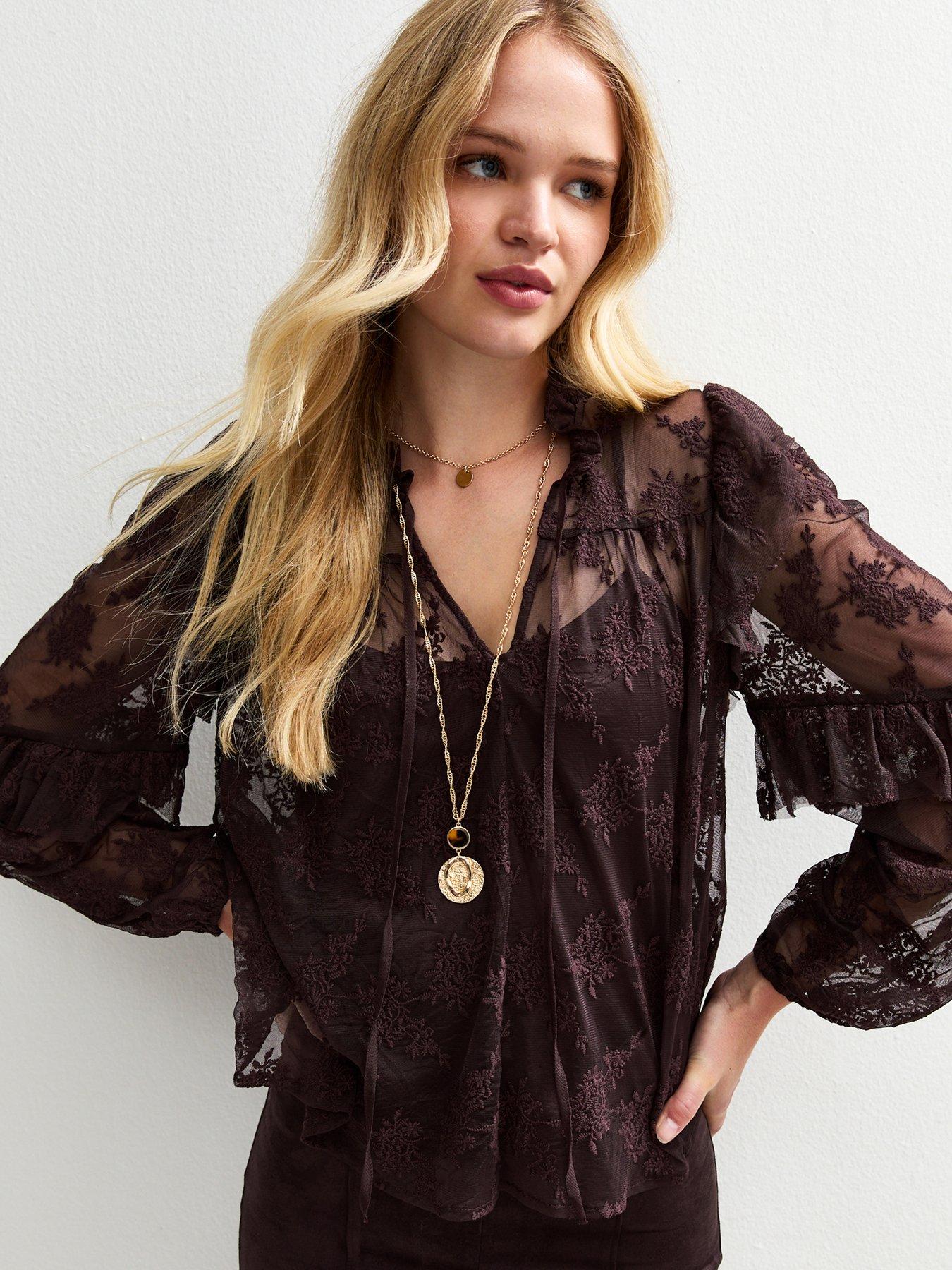New Look Plum Floral Lace High Neck Semi-sheer Blouse