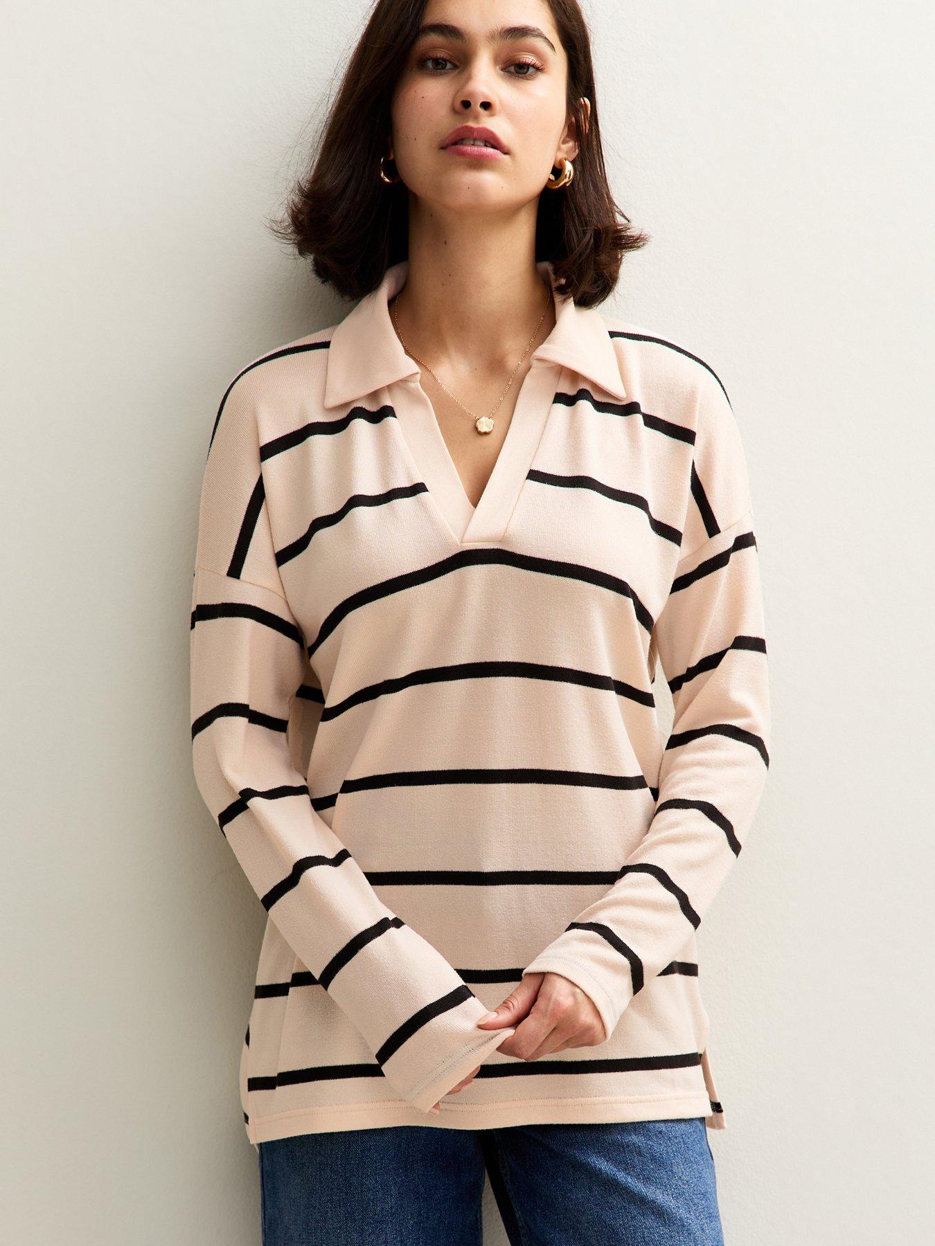 undefined Cream Soft Touch Striped Collar Jumper
