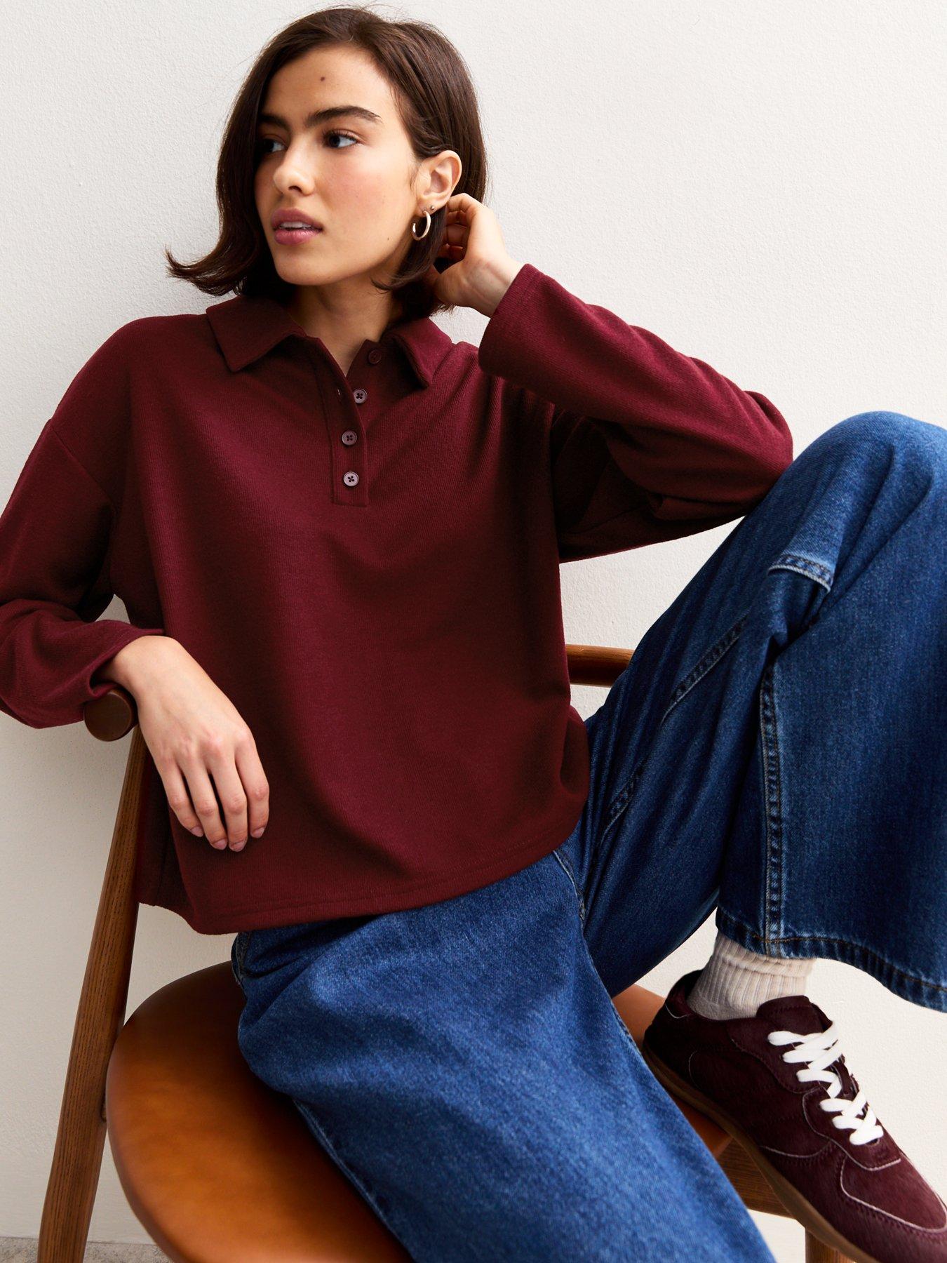 undefined Dark Red Soft Touch Long Sleeve Button Up Polo Top