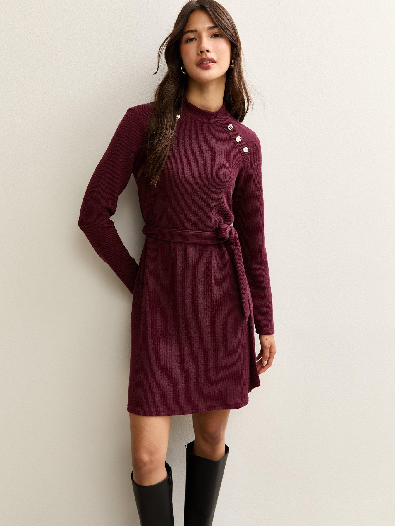 undefined Belted Long Sleeve Woven Mini Dress - Burgundy