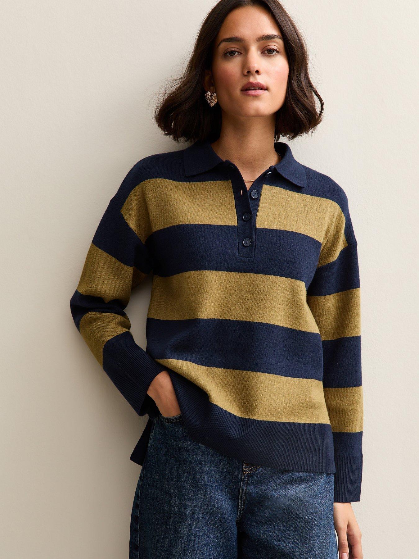 New Look Striped Compact Knit Button Up Polo Top - Green