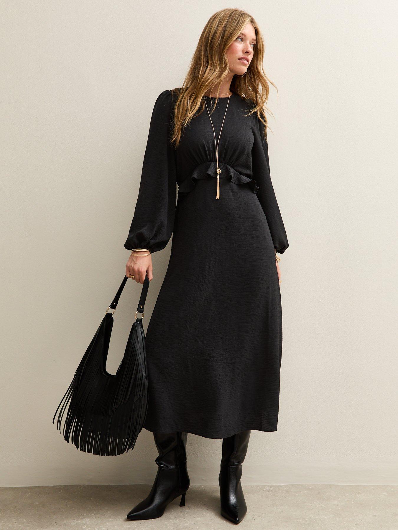 undefined Ruffle Trim Long Sleeve Midi Dress - Black