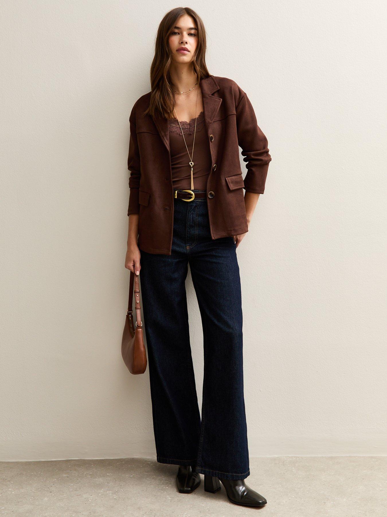 Image 3 of 6 of New Look Ribbed Jersey Lace Trim Bodysuit - Brown