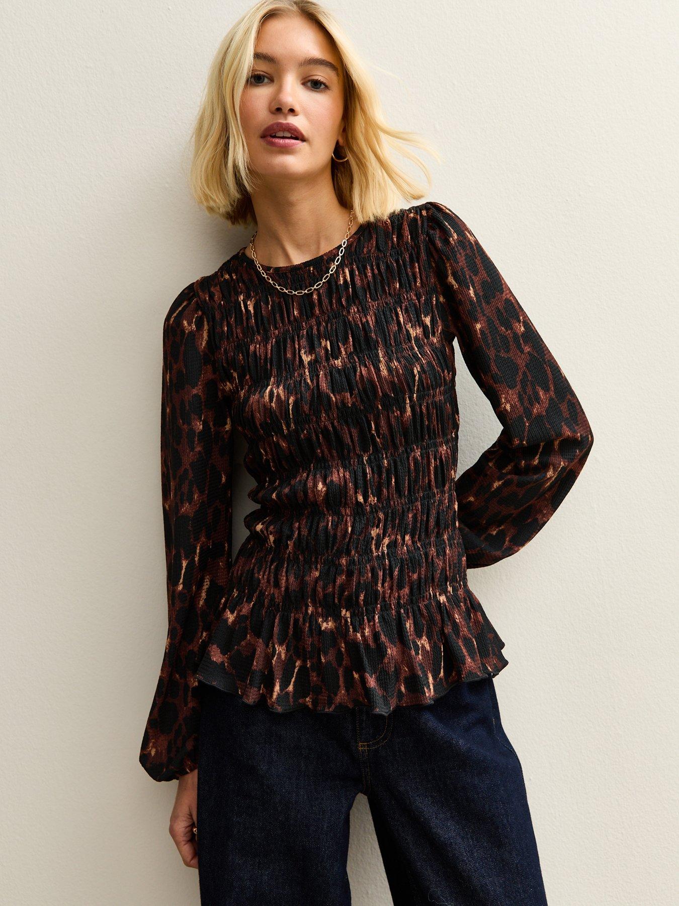 New Look Textured Jersey Shirred Top - Brown Animal Print