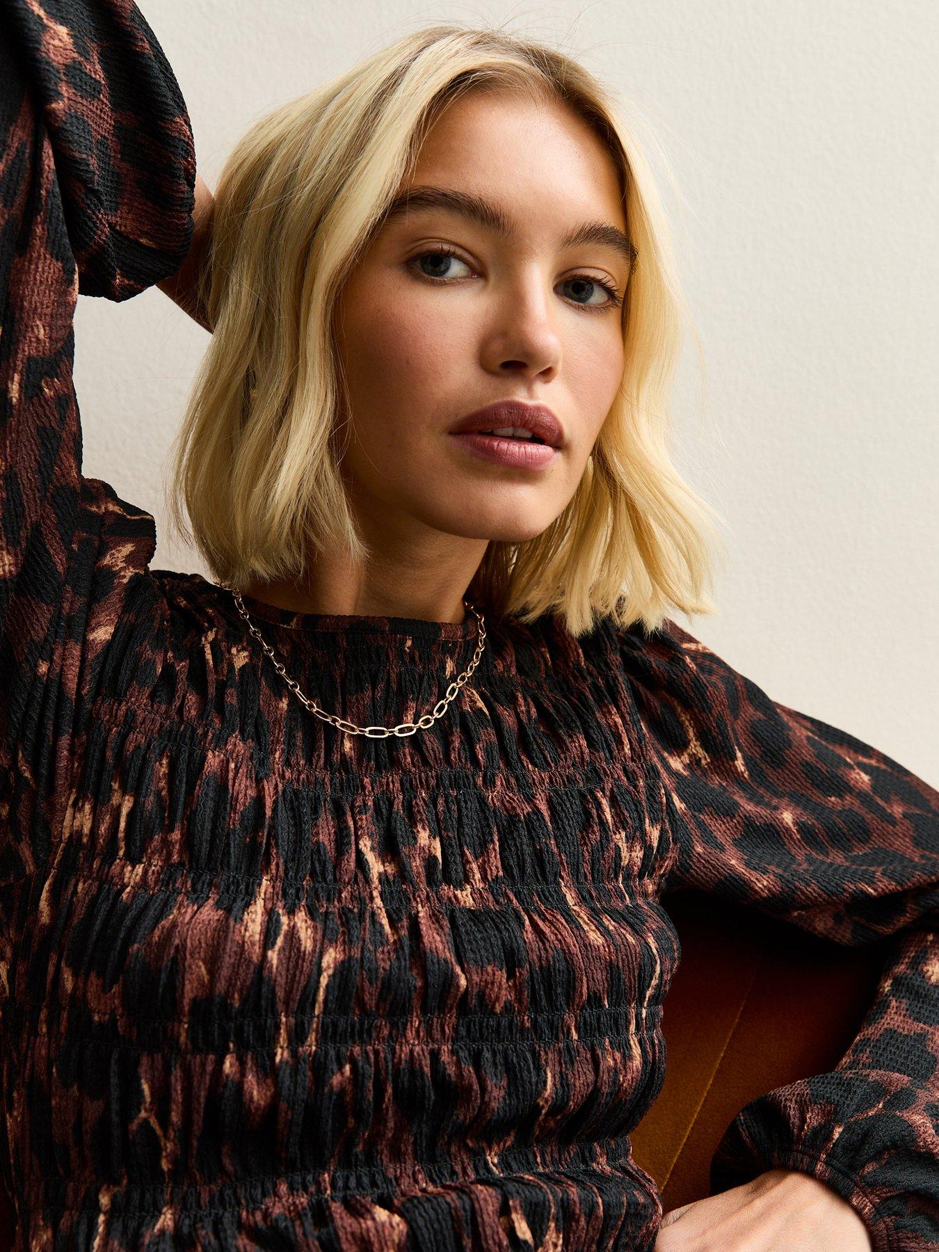  image of new-look-animal-print-textured-jersey-shirred-top-print