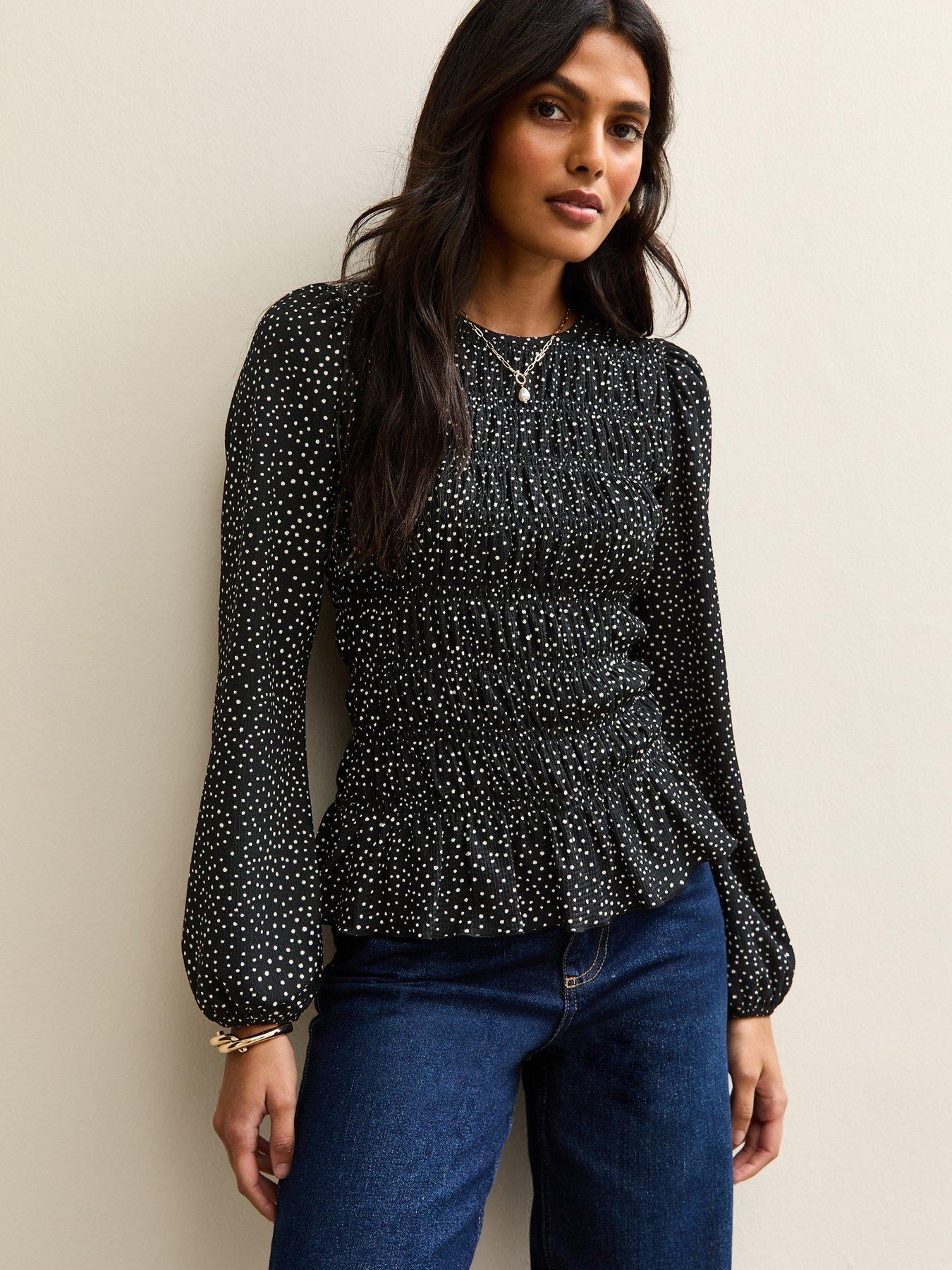 New Look Black Speckled Shirred Long Sleeve Blouse