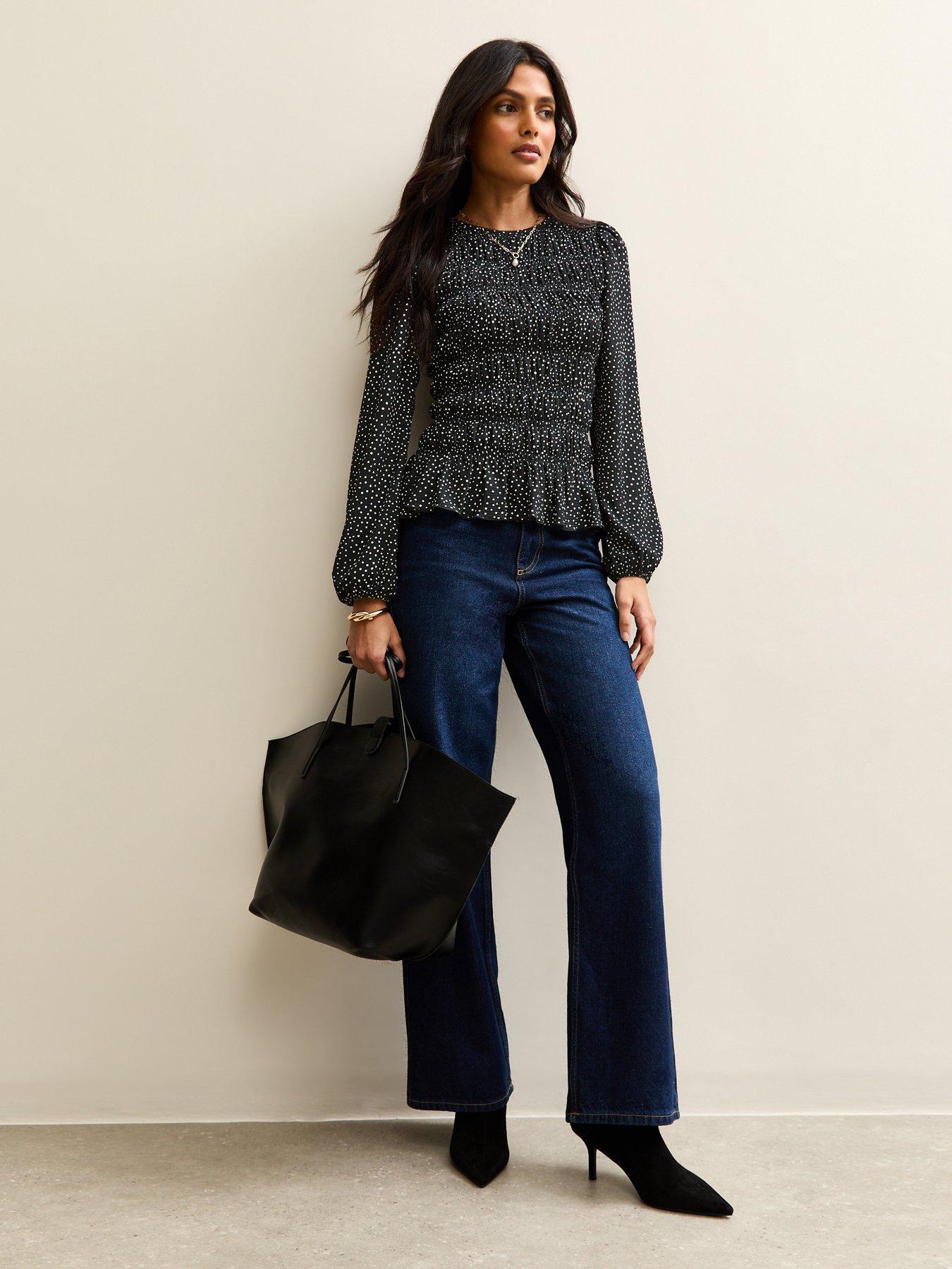  image of new-look-black-speckled-shirred-long-sleeve-blouse