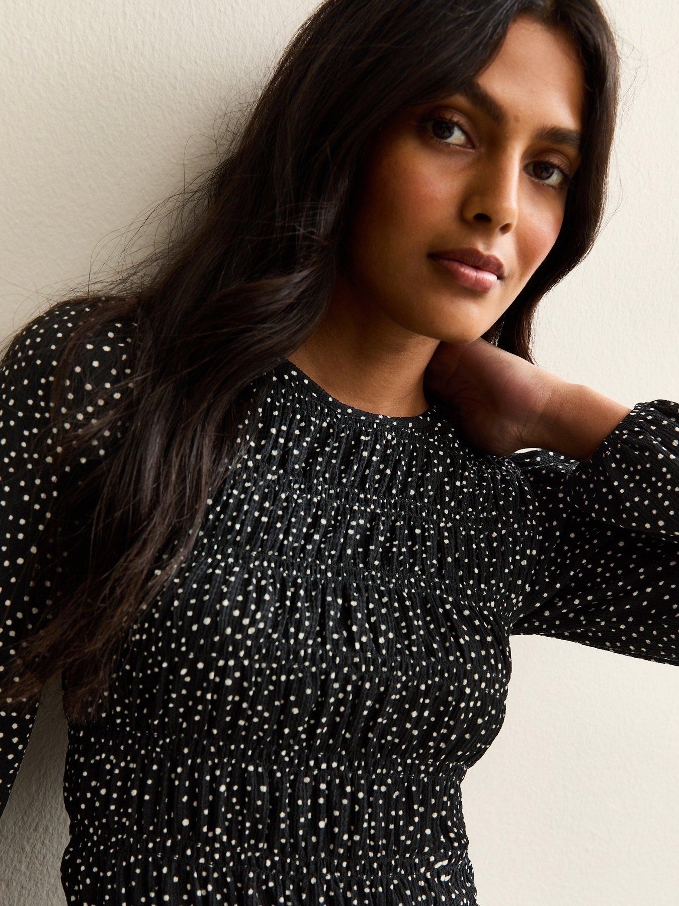  image of new-look-black-speckled-shirred-long-sleeve-blouse