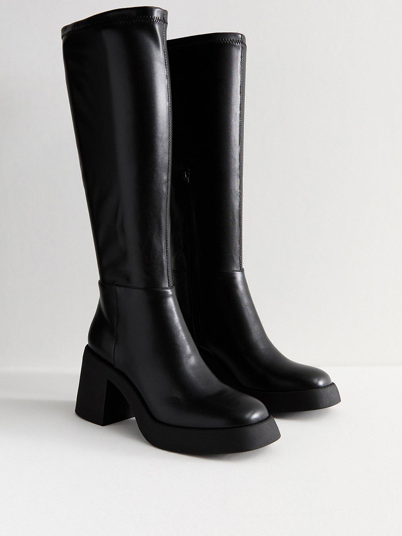 Image 2 of 5 of New Look Faux Leather Block Heel Knee High Boots - Black