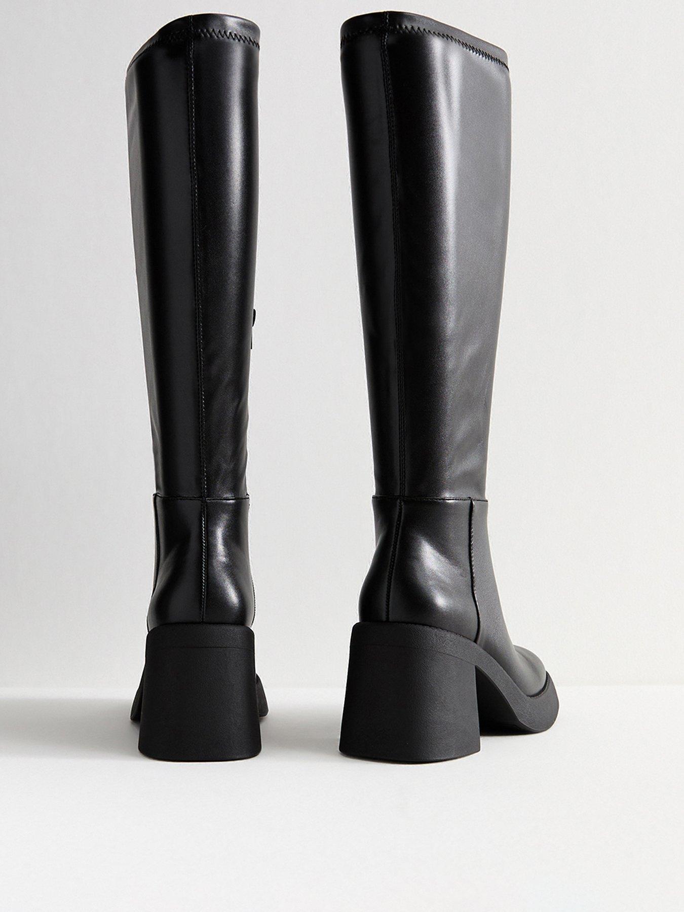 Image 3 of 5 of New Look Faux Leather Block Heel Knee High Boots - Black