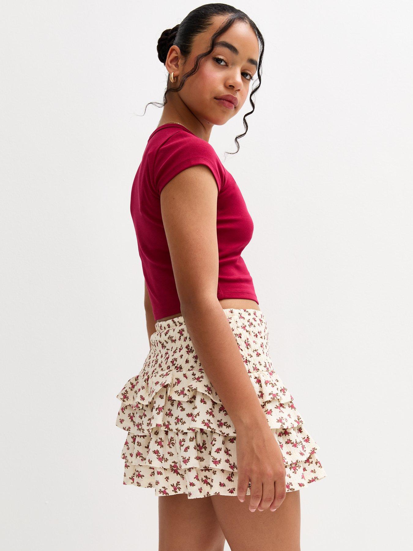 stillFront image of new-look-915-girls-cream-floral-print-tiered-skirt-white