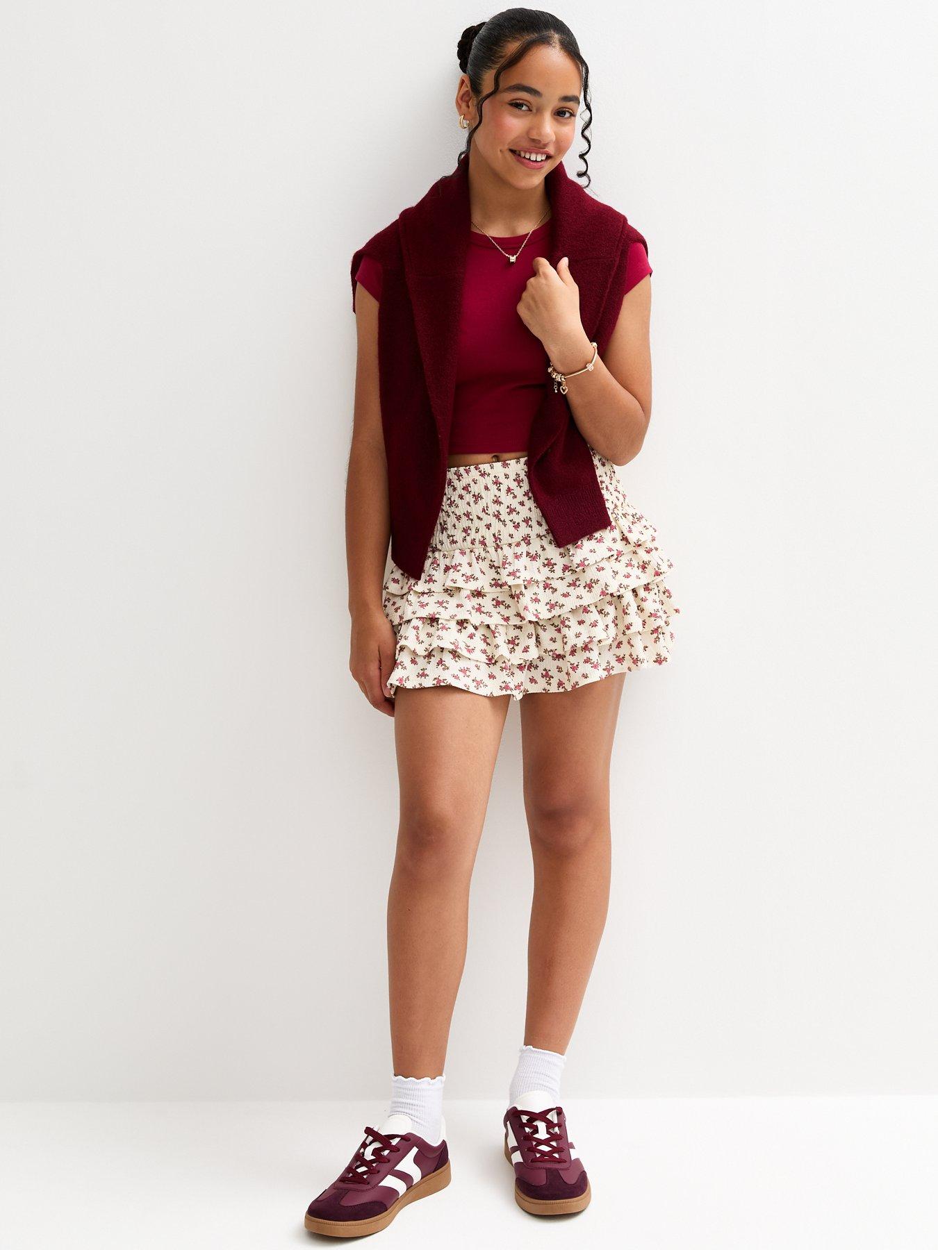  image of new-look-915-girls-cream-floral-print-tiered-skirt-white