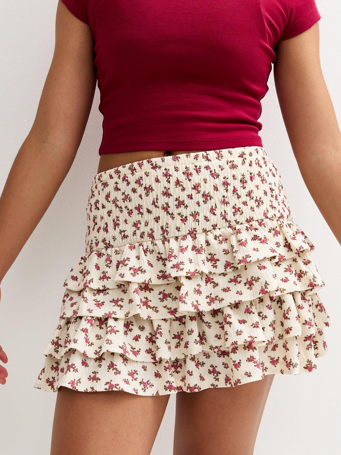  image of new-look-915-girls-cream-floral-print-tiered-skirt-white