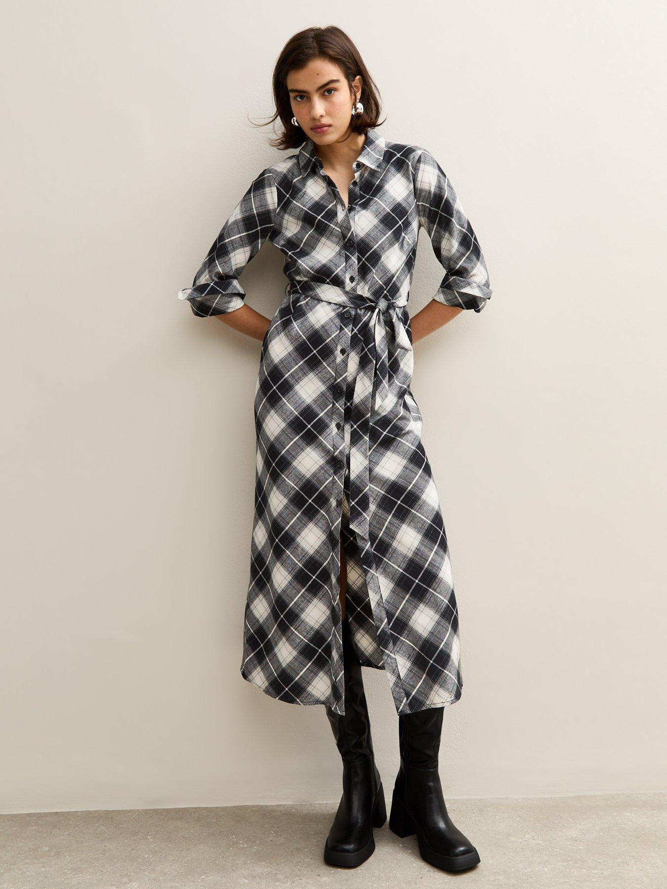 undefined Cotton Checked Midi Shirt Dress - Black
