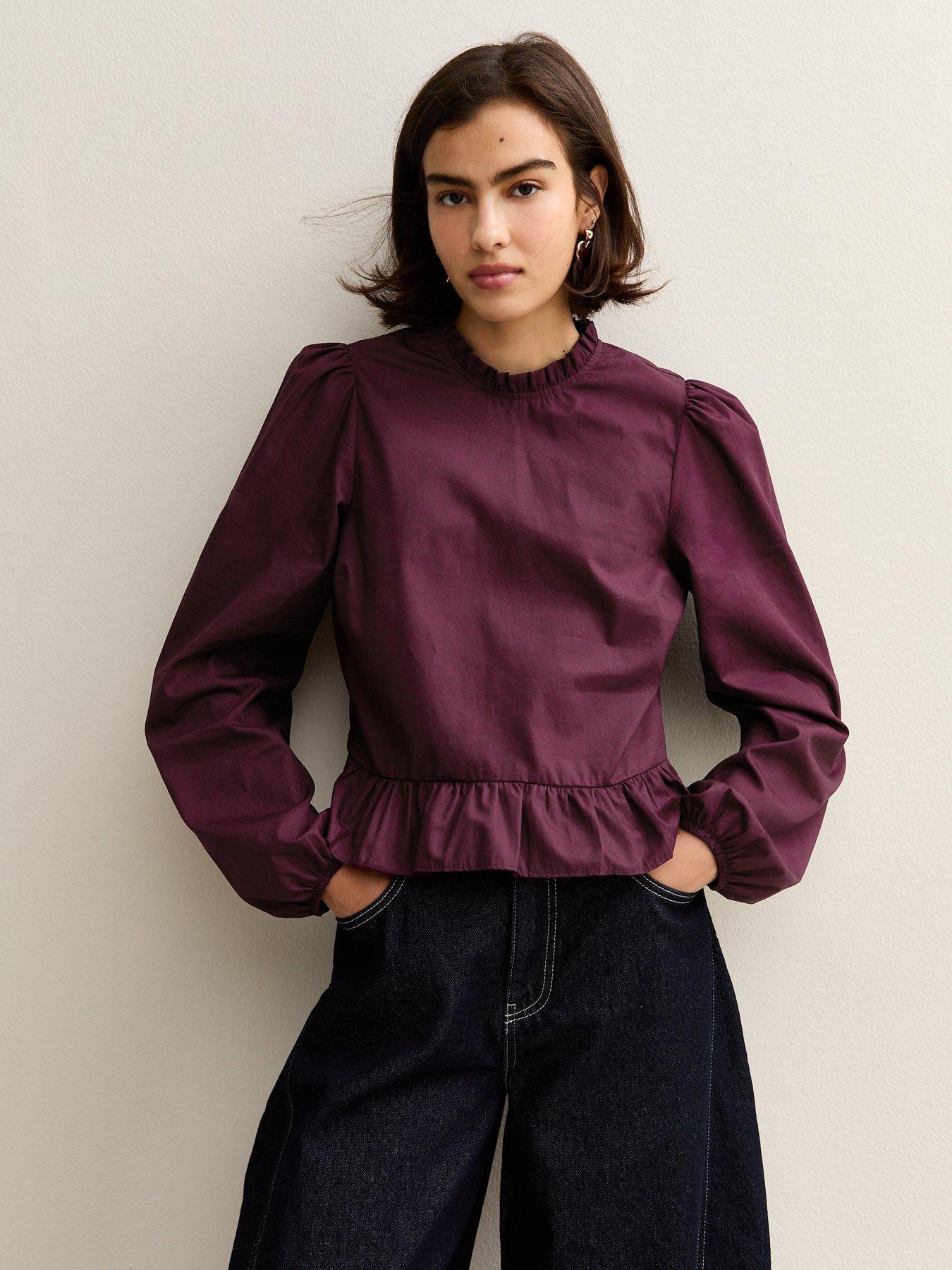 Image 1 of 6 of New Look Cotton Ruffled Collar Long Sleeve Top - Burgundy