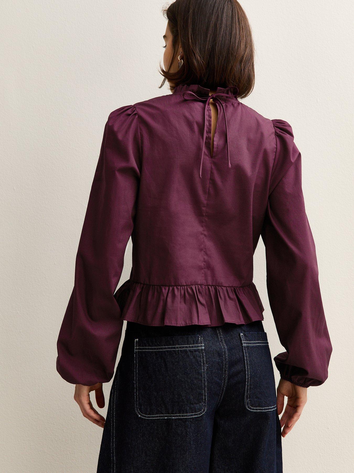 Image 2 of 6 of New Look Cotton Ruffled Collar Long Sleeve Top - Burgundy