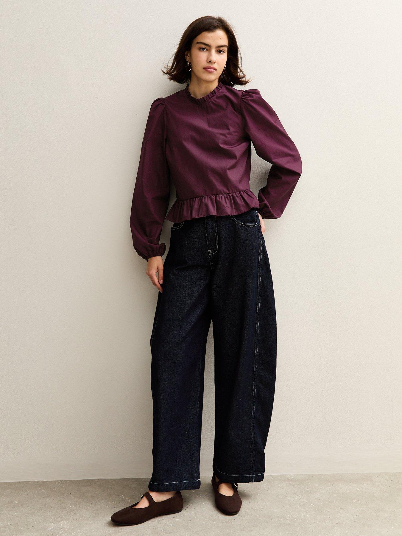 Image 3 of 6 of New Look Cotton Ruffled Collar Long Sleeve Top - Burgundy