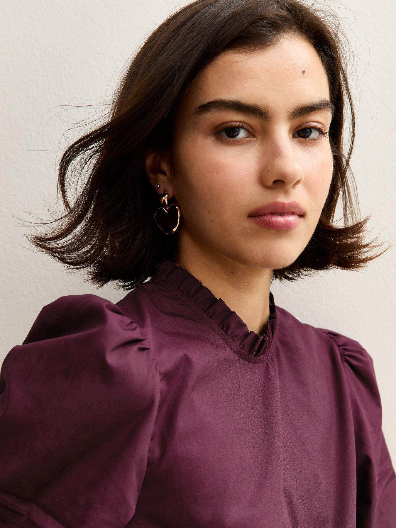 Image 4 of 6 of New Look Cotton Ruffled Collar Long Sleeve Top - Burgundy