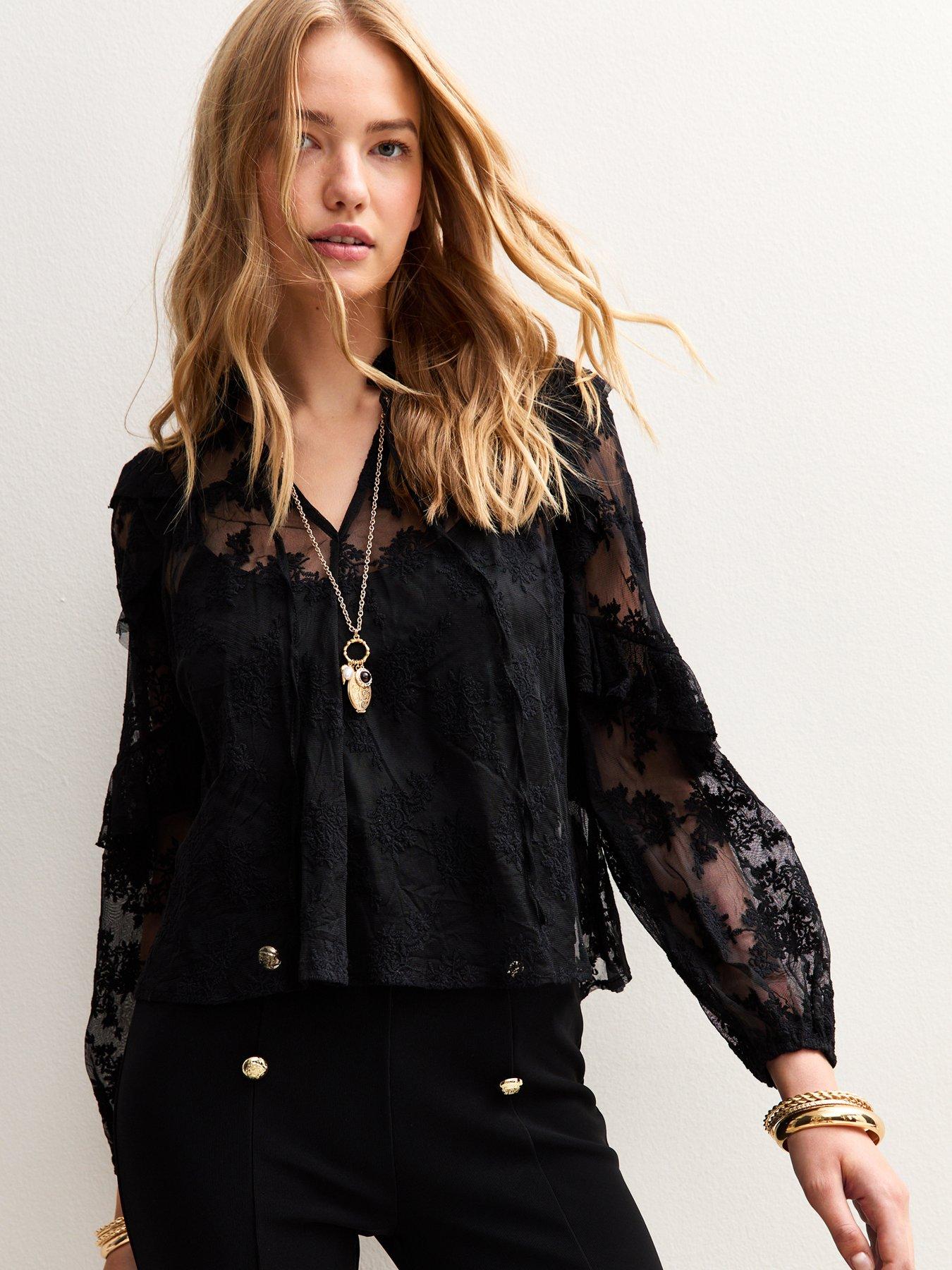 Image 1 of 5 of New Look Black Floral Lace High Neck Semi-sheer Blouse