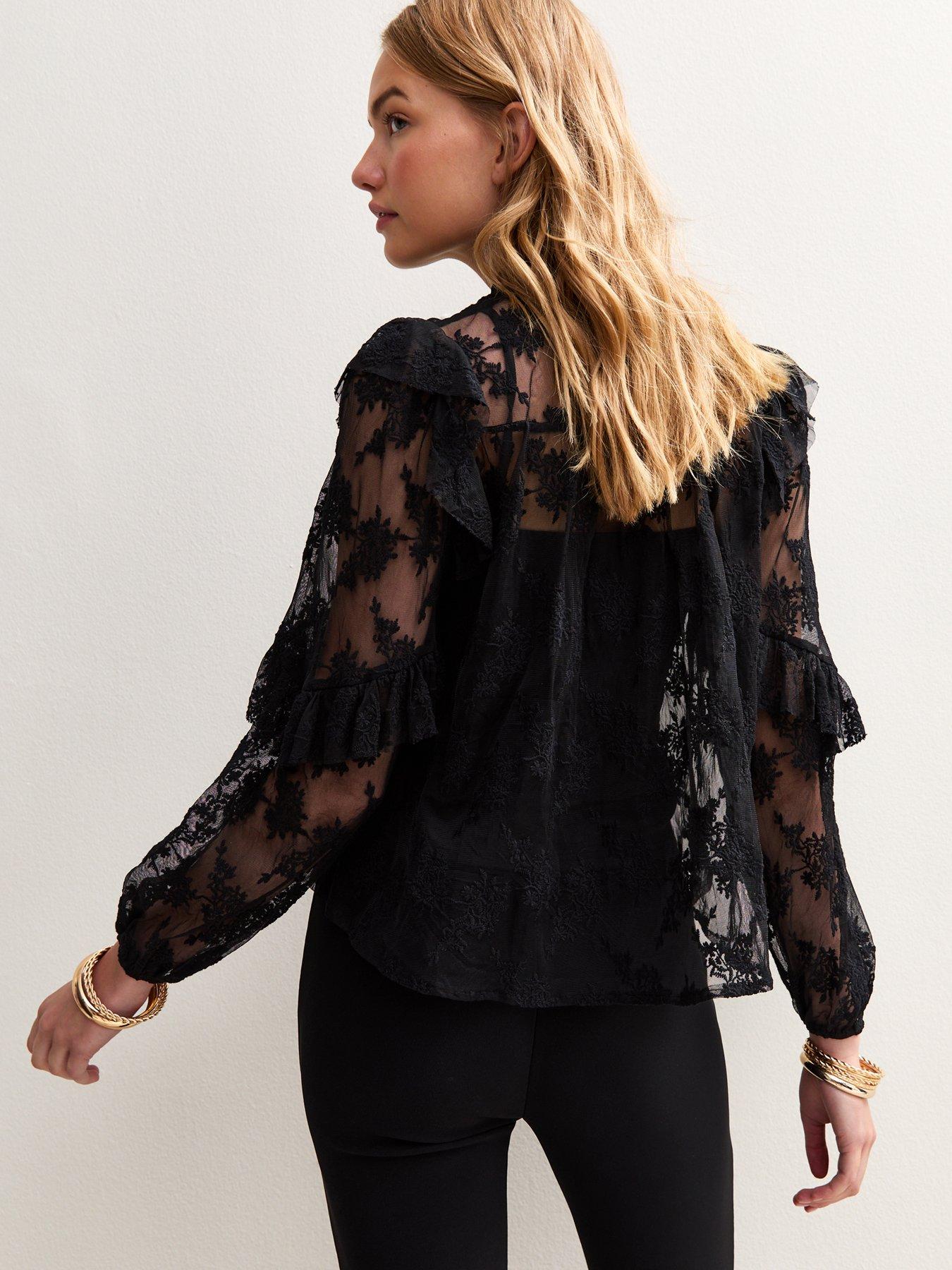 Image 2 of 5 of New Look Black Floral Lace High Neck Semi-sheer Blouse