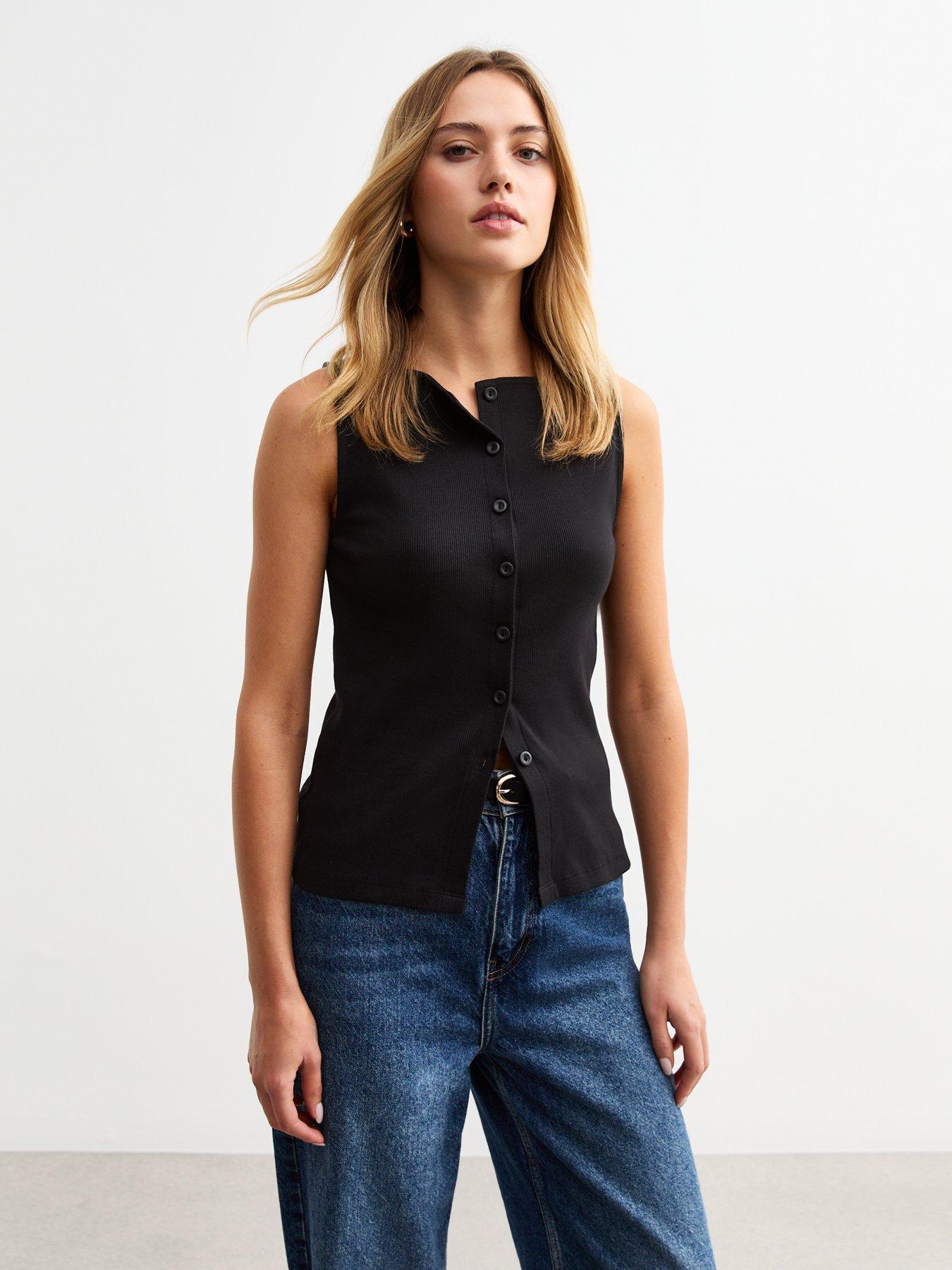 undefined Ribbed Button Front Tank Top - Black