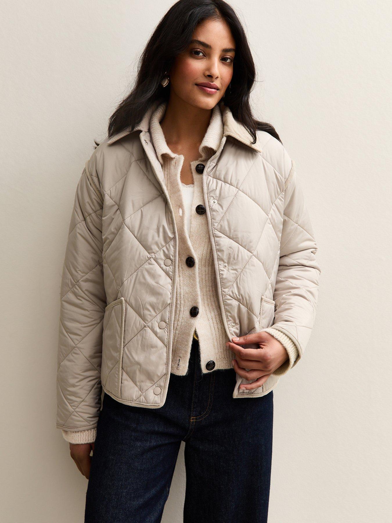 Image 1 of 5 of New Look Corduroy Collar Quilted Jacket - Cream