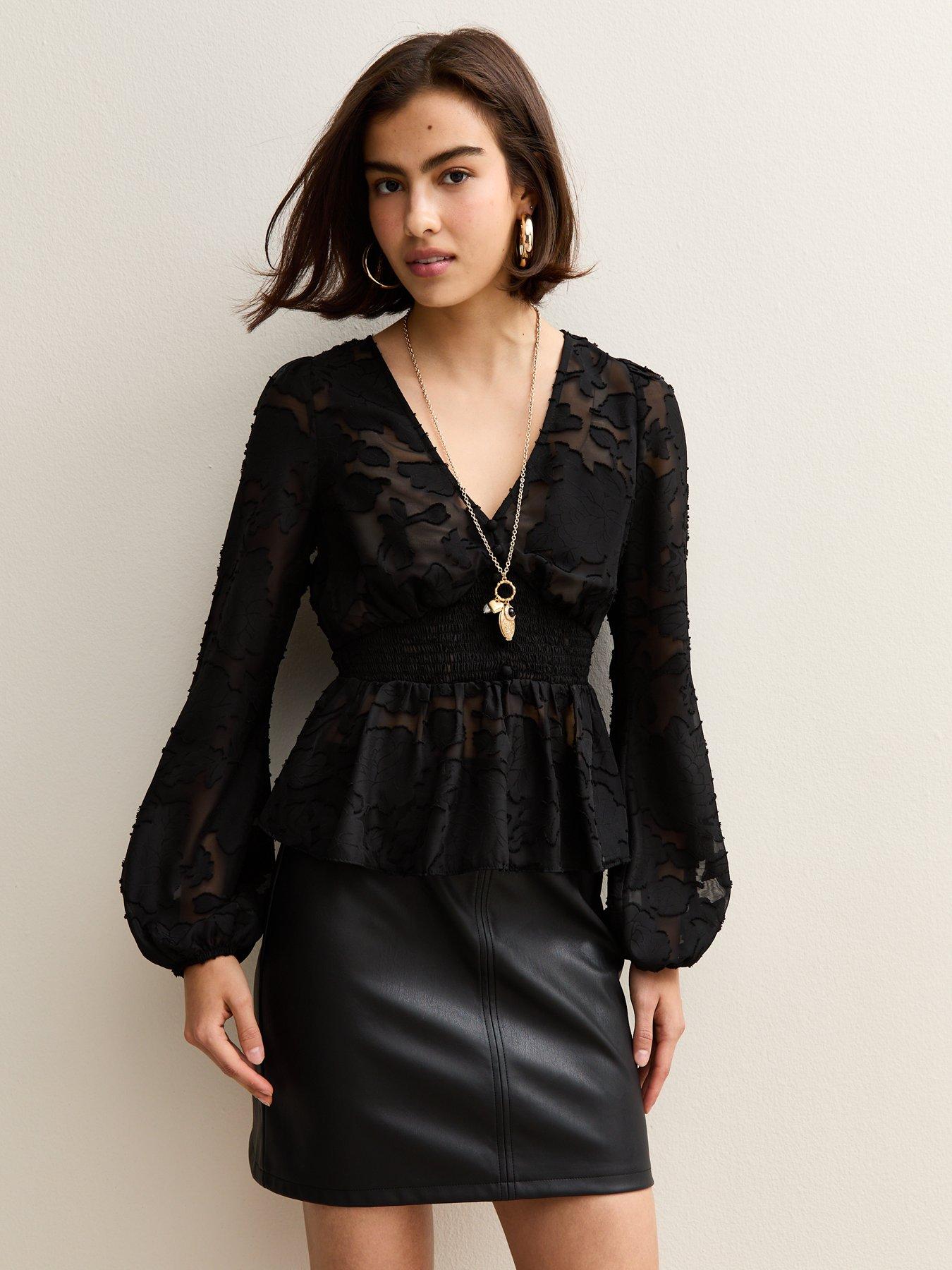 undefined Floral Jacquard Buttoned Long Sleeve Blouse - Black