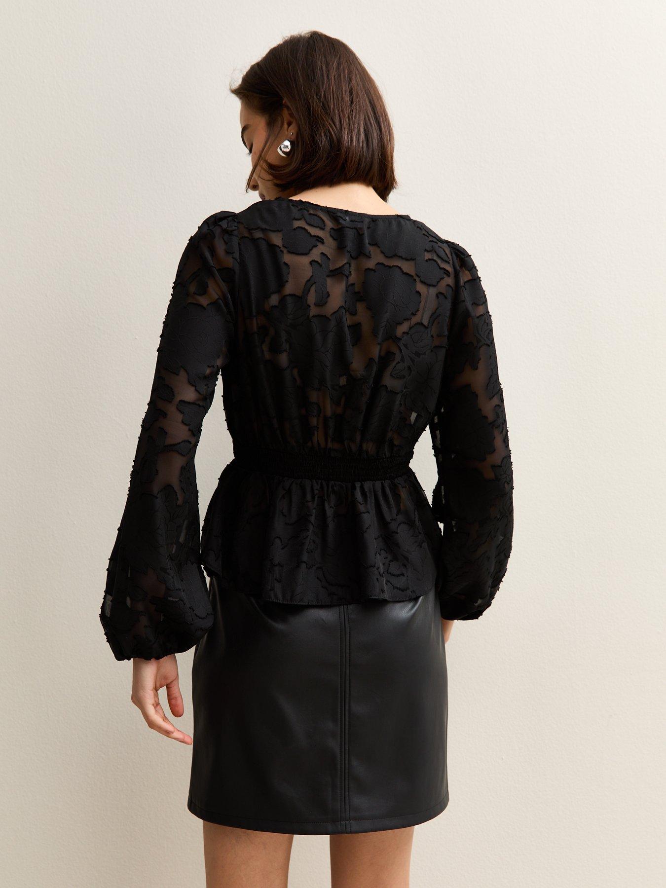 Image 2 of 6 of New Look Floral Jacquard Buttoned Long Sleeve Blouse - Black