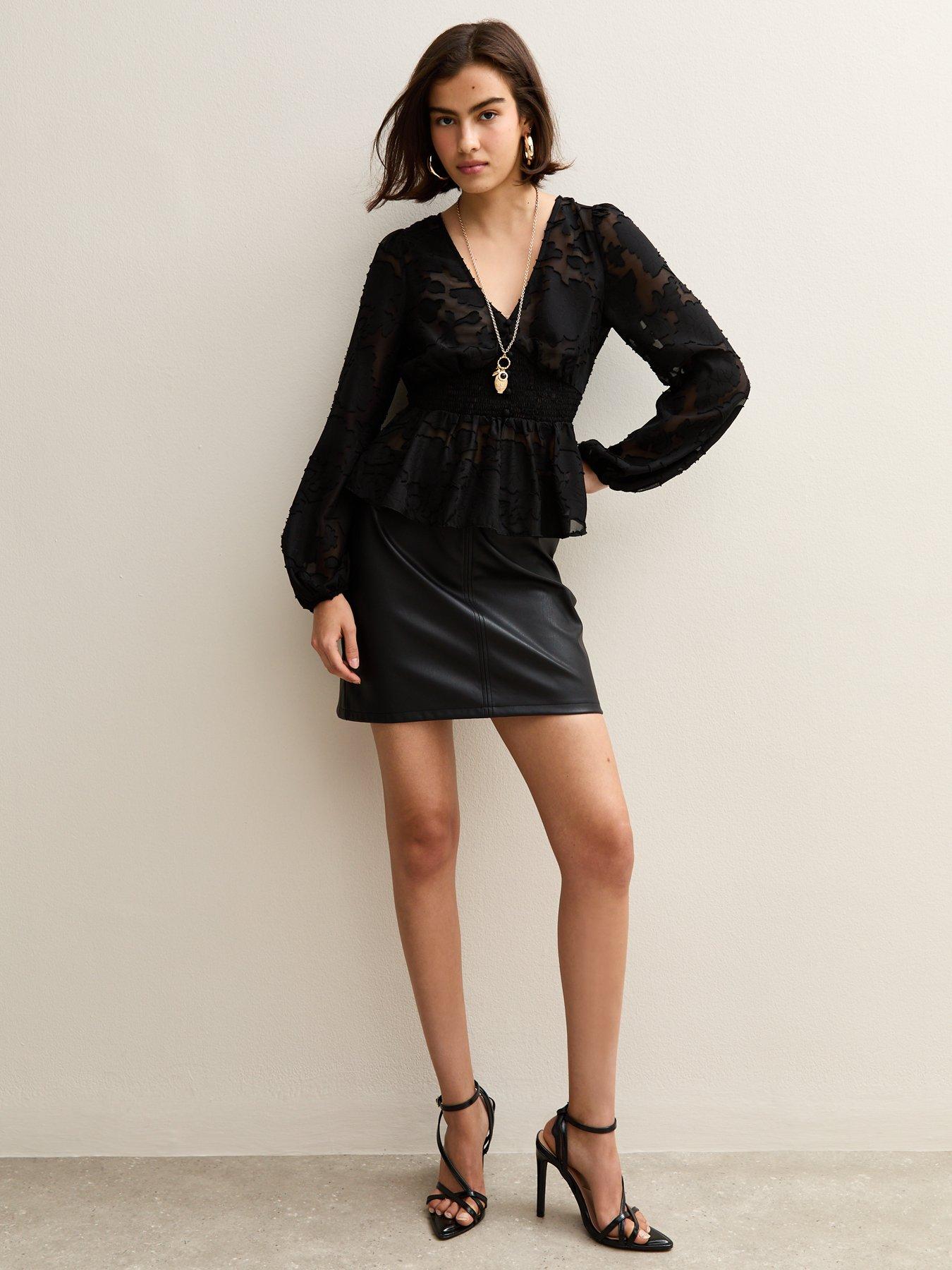 Image 3 of 6 of New Look Floral Jacquard Buttoned Long Sleeve Blouse - Black