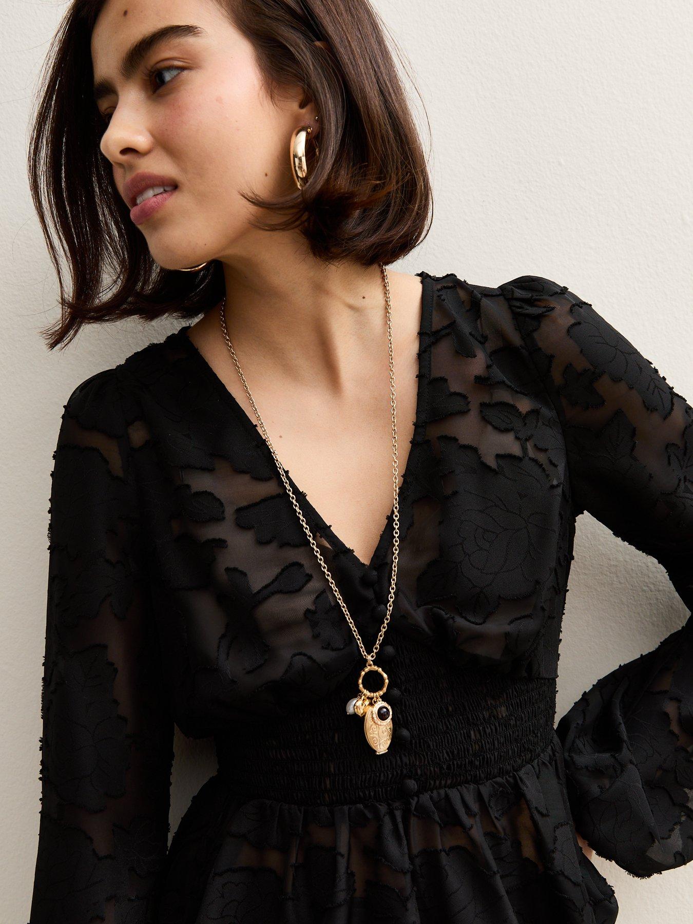 Image 4 of 6 of New Look Floral Jacquard Buttoned Long Sleeve Blouse - Black