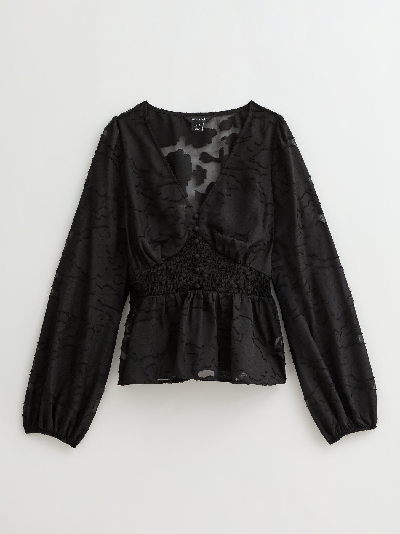 Image 6 of 6 of New Look Floral Jacquard Buttoned Long Sleeve Blouse - Black