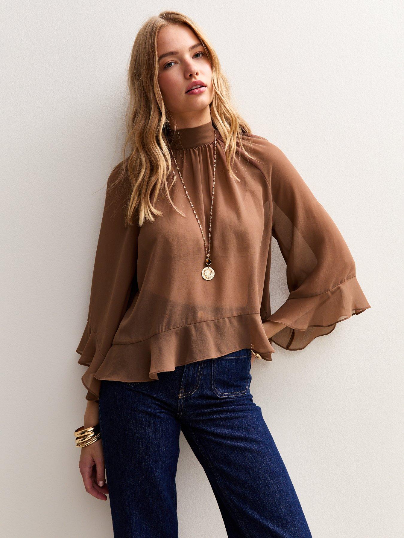 undefined Peta Plain Ruffle Chiff Blouse - Brown