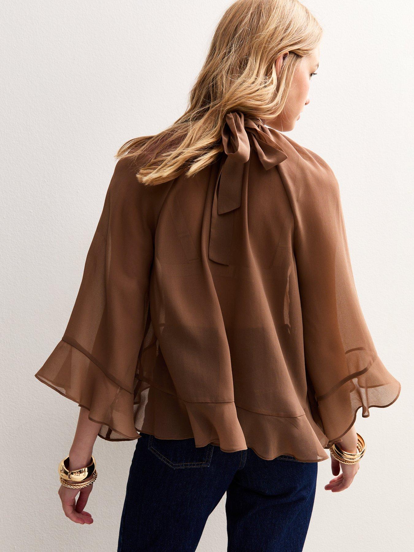 Image 2 of 4 of New Look Peta Plain Ruffle Chiff Blouse - Brown