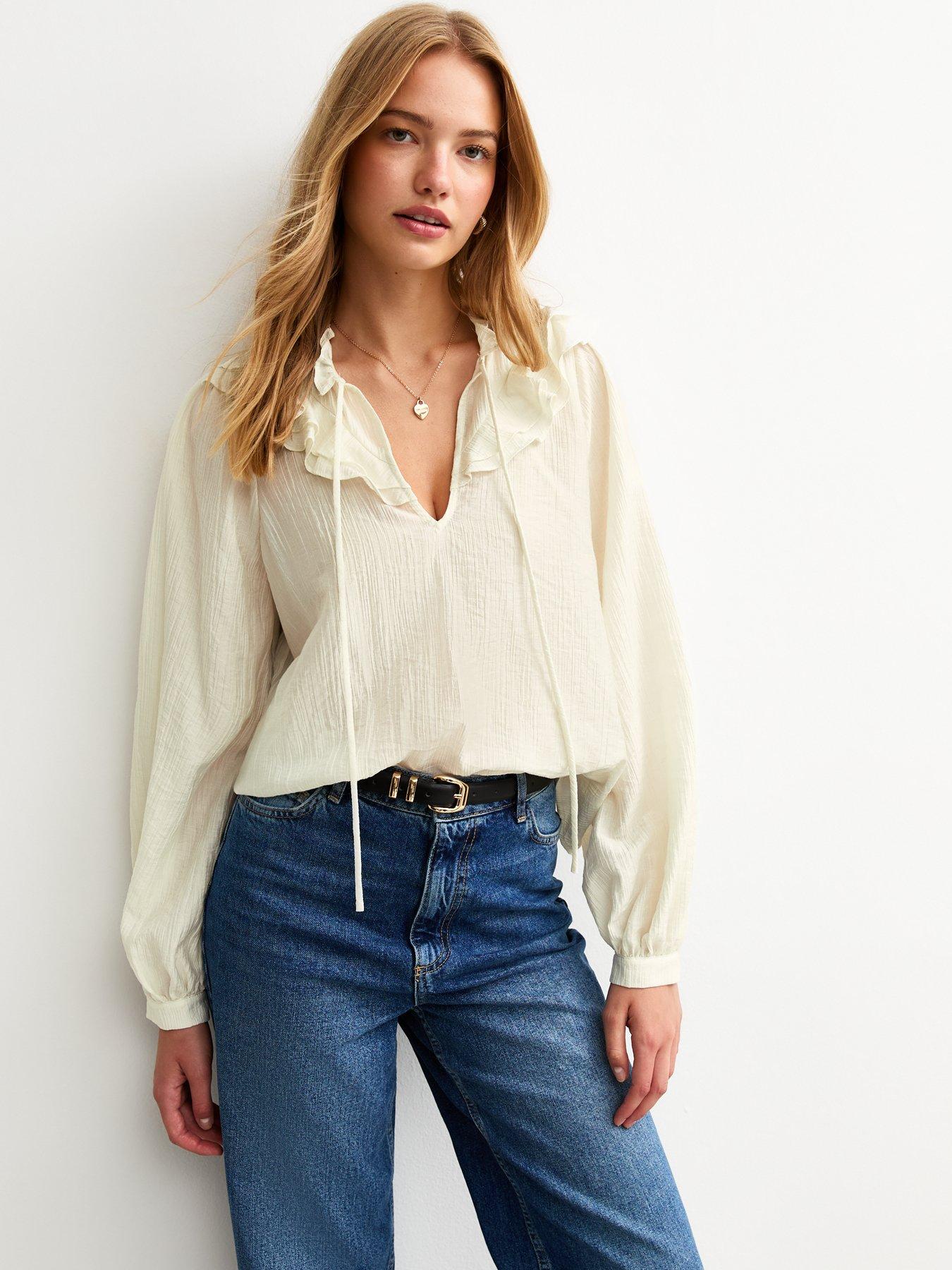 undefined Frill Tie Neck Blouse - White