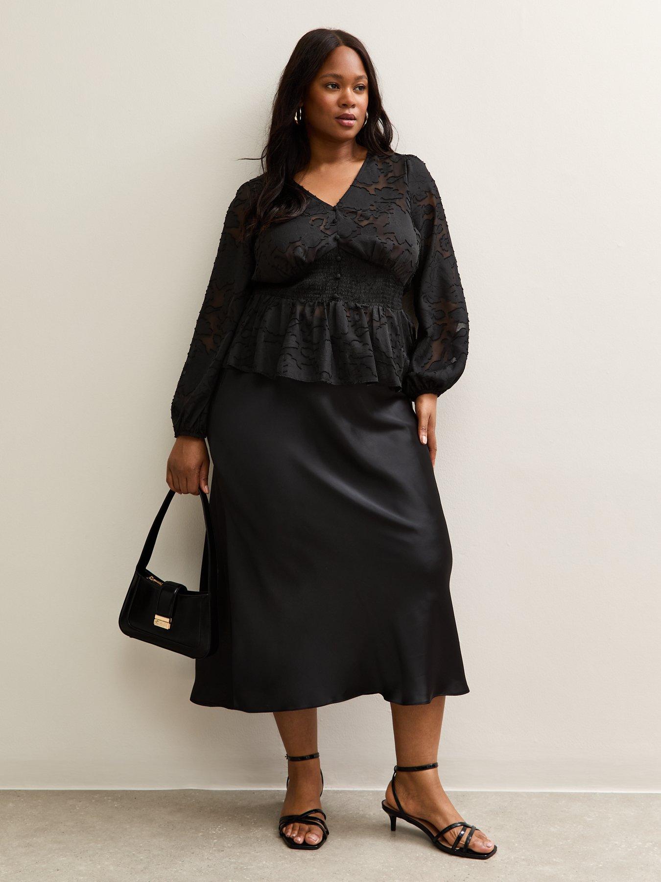 undefined Curves Satin Bias Cut Midi Skirt - Black