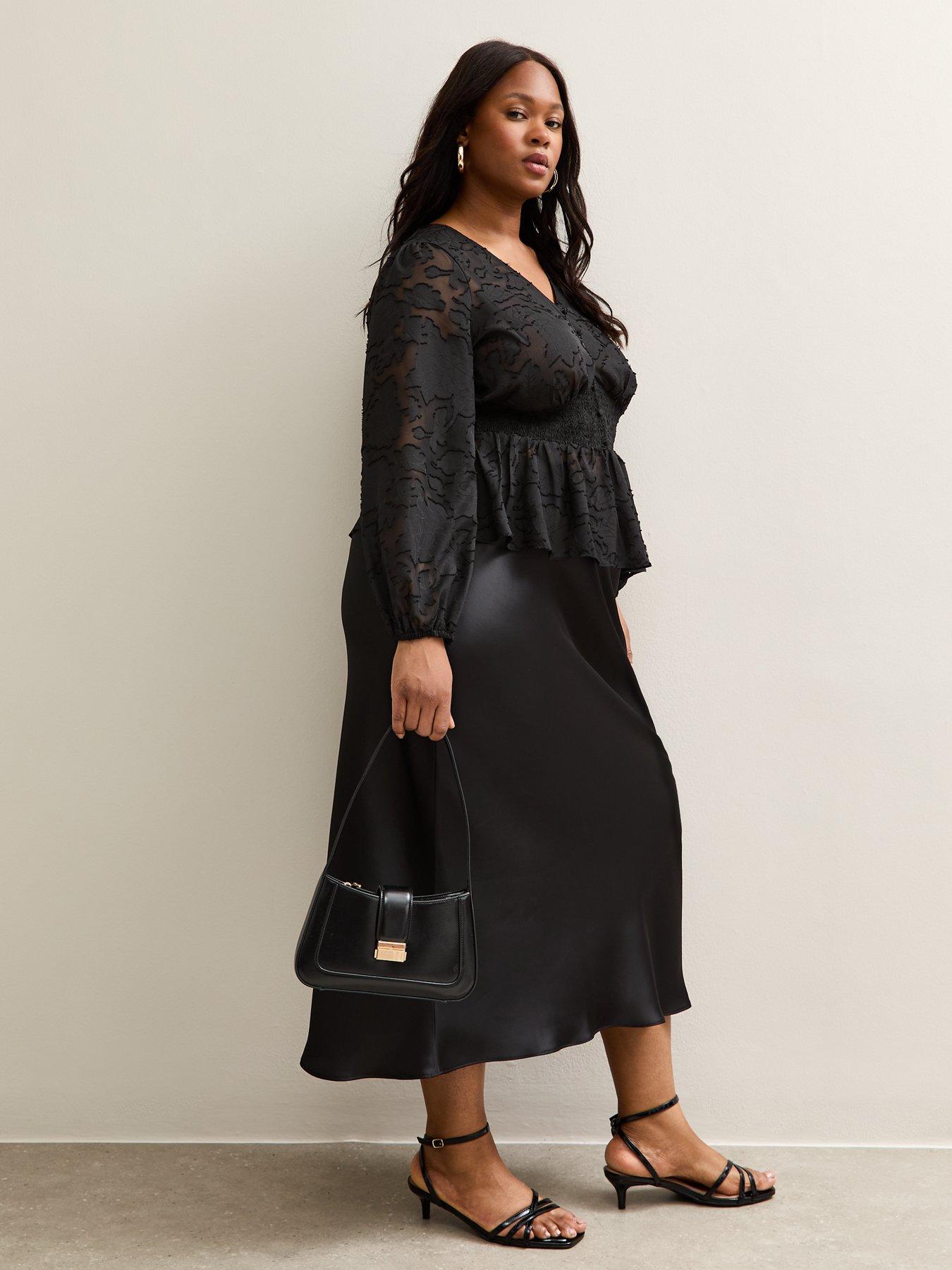 Image 3 of 4 of New Look Curves Satin Bias Cut Midi Skirt - Black