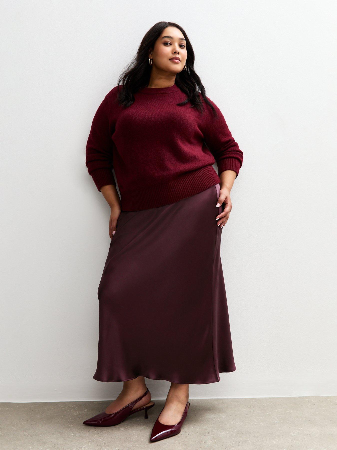  image of new-look-curves-satin-bias-cut-midi-skirt-burgundy