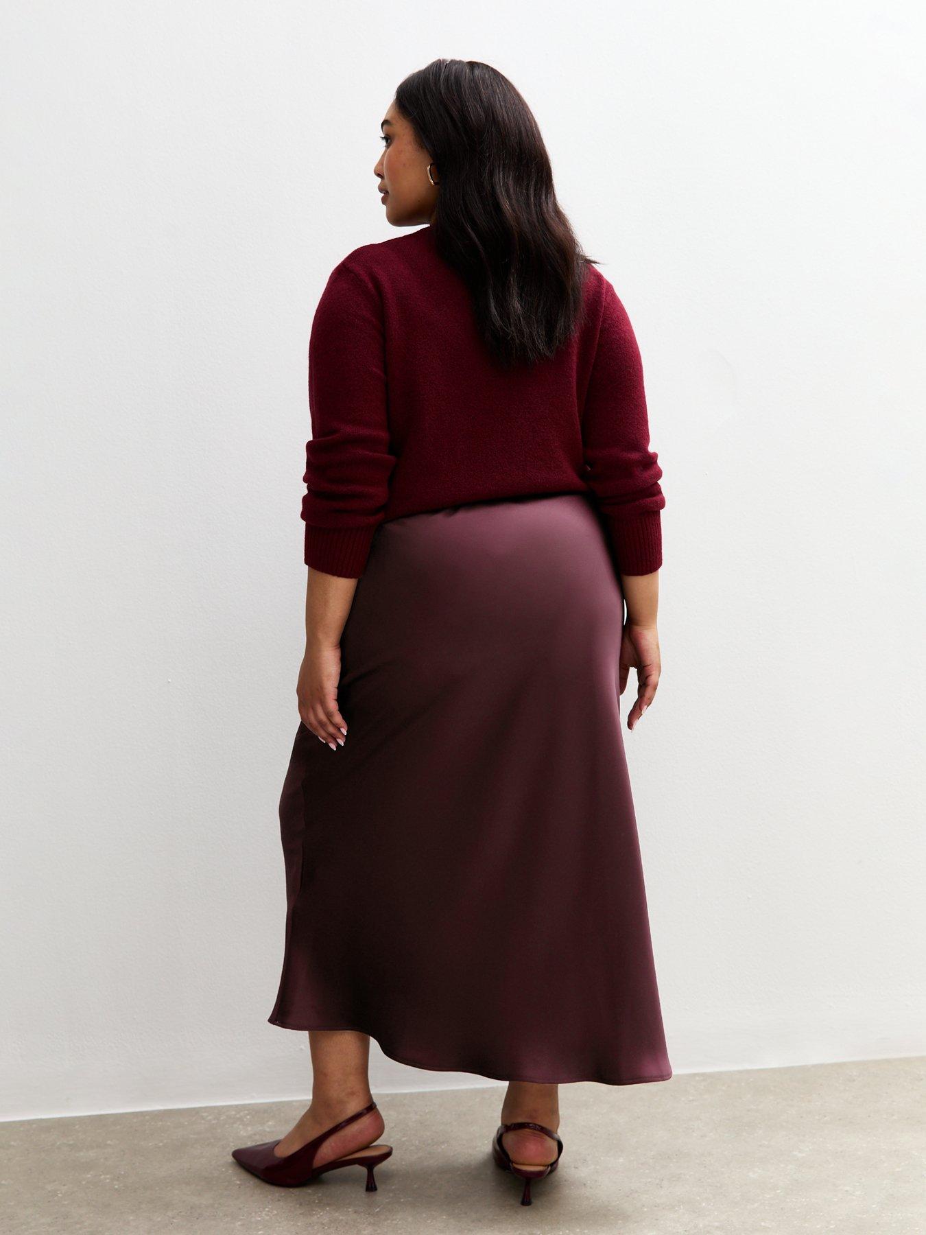  image of new-look-curves-satin-bias-cut-midi-skirt-burgundy