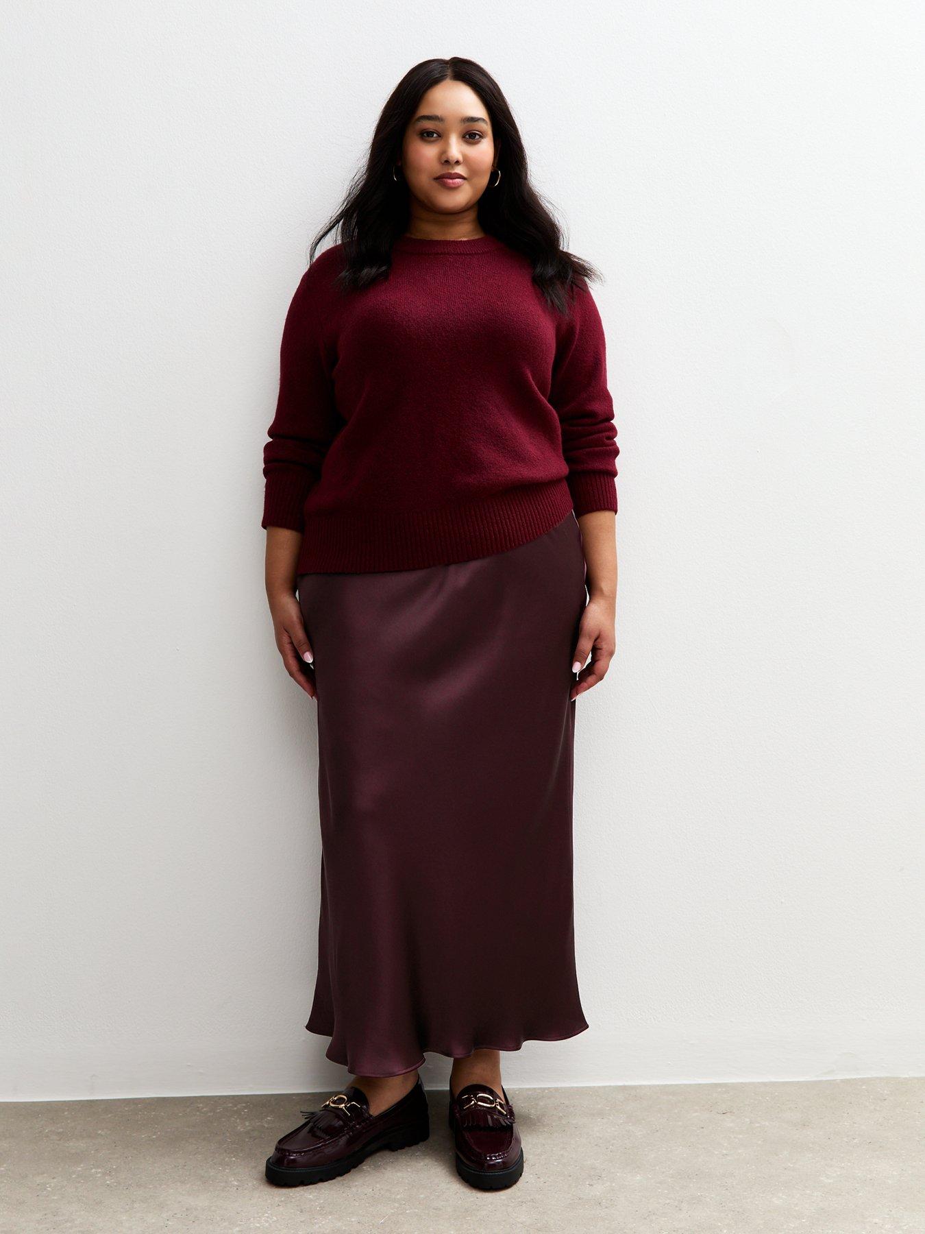  image of new-look-curves-satin-bias-cut-midi-skirt-burgundy