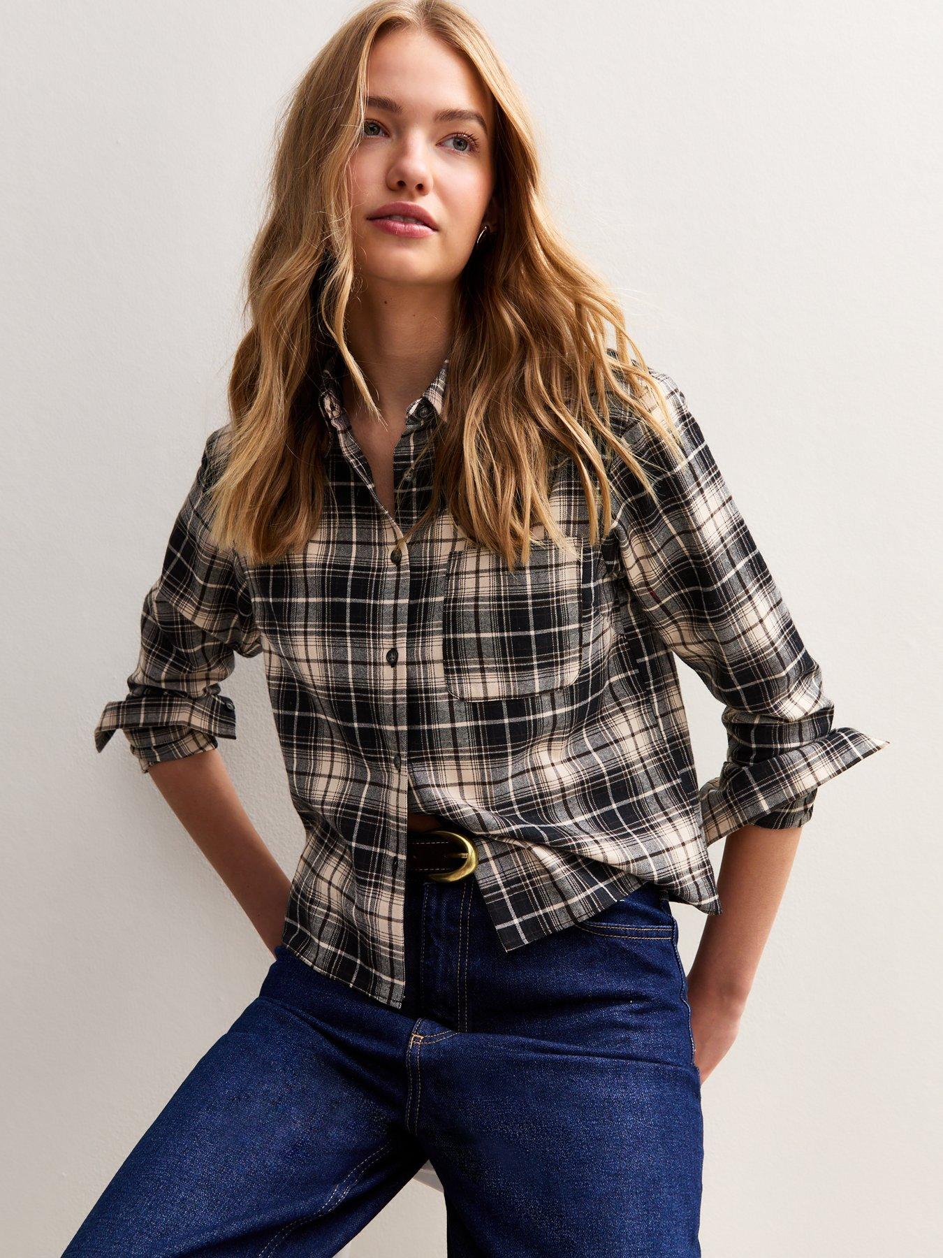 undefined Check Print Long Sleeve Cropped Shirt - Black