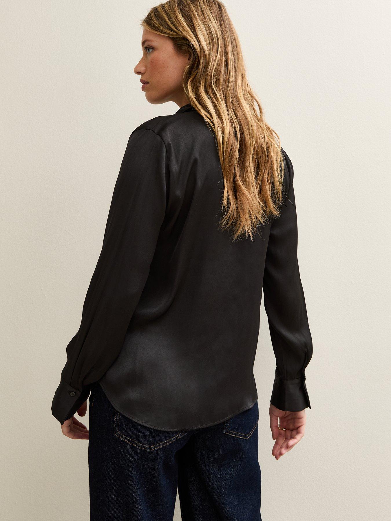 Image 2 of 4 of New Look Tie Front Satin Long Sleeve Shirt - Black