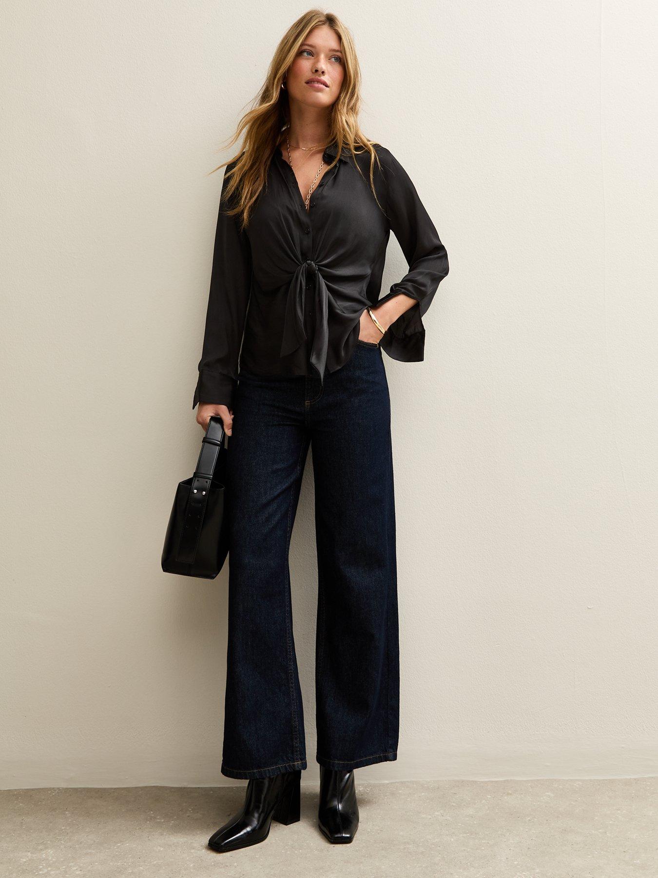 Image 3 of 4 of New Look Tie Front Satin Long Sleeve Shirt - Black